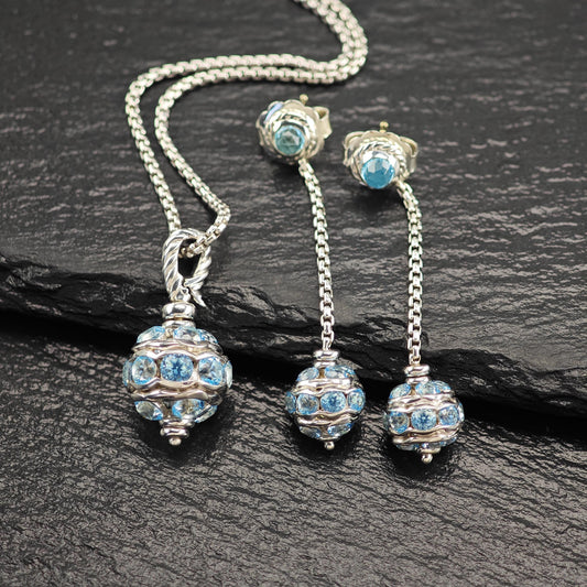 David Yurman Blue Topaz, 18K Gold Post Sterling Silver Earring/Necklace Set