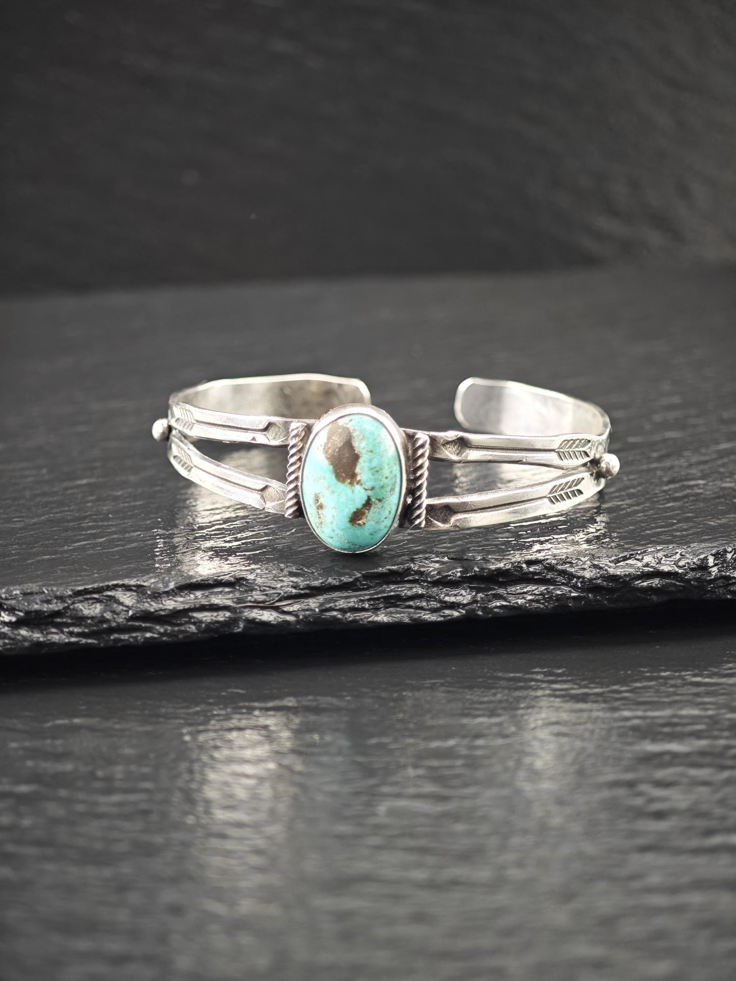 Curio Native American, Stamped Natural Turquoise Cuff Bracelet Sterling Silver