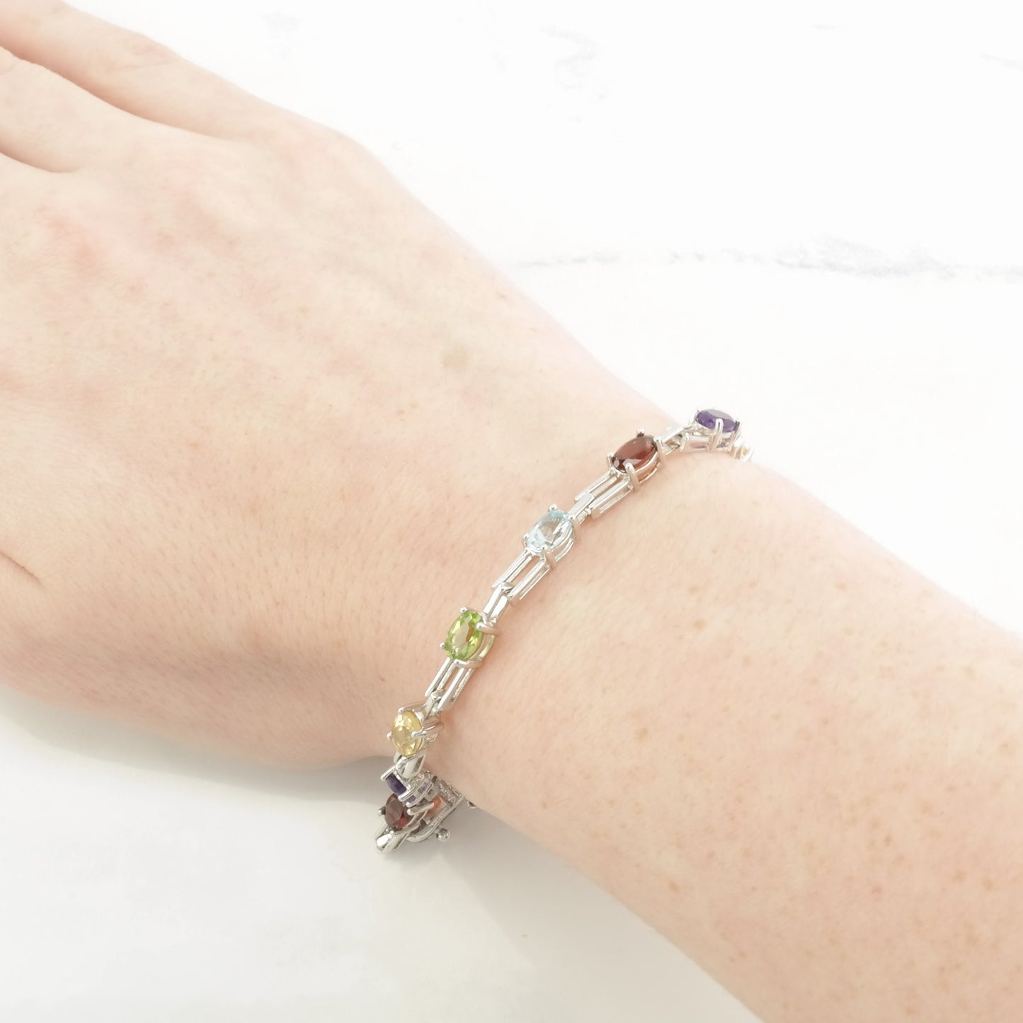 Vintage Sterling Silver Line Bracelet Amethyst, Peridot, Citrine, Topaz