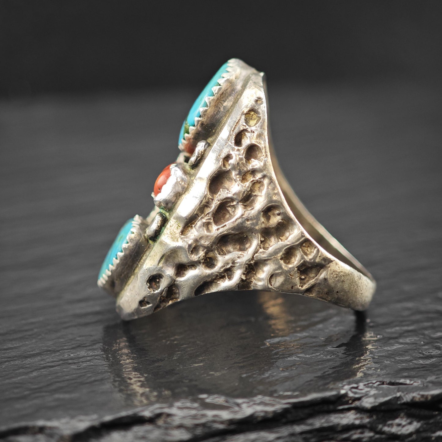 Native American Turquoise, Coral Floral Ring Sterling Silver Sz 13 1/4