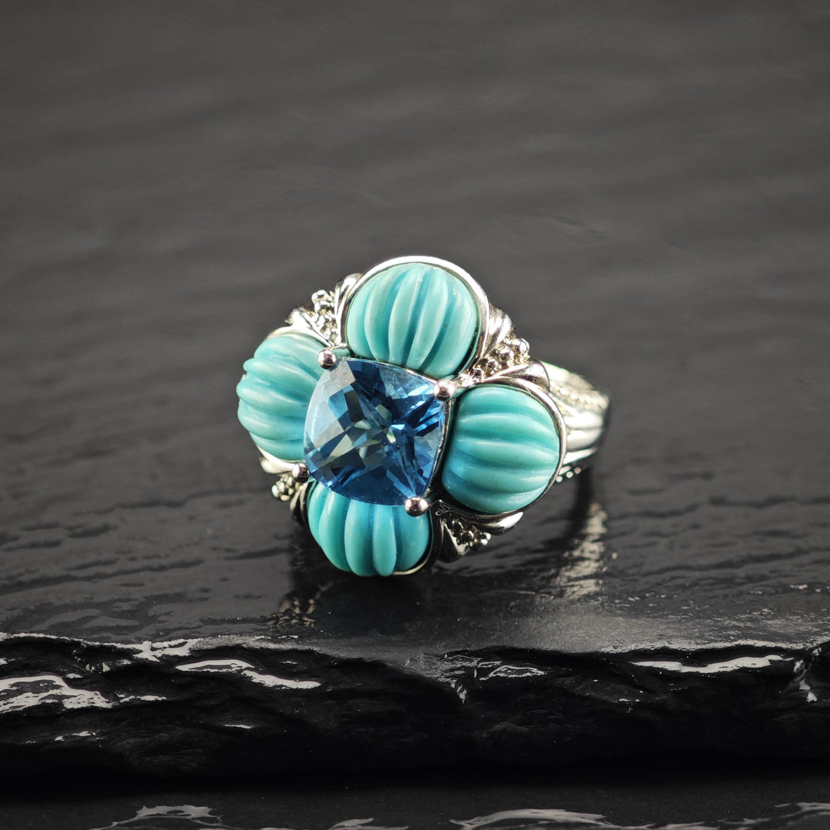 Topaz & Block Turquoise Sterling Silver Flower Ring Sz 6 R6814