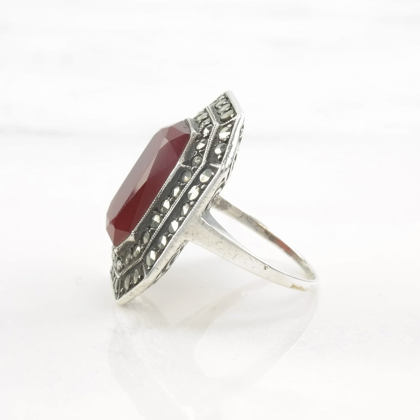 Art Deco Silver Ring Carnelian, Marcasite Sterling Red Size 4 3/4