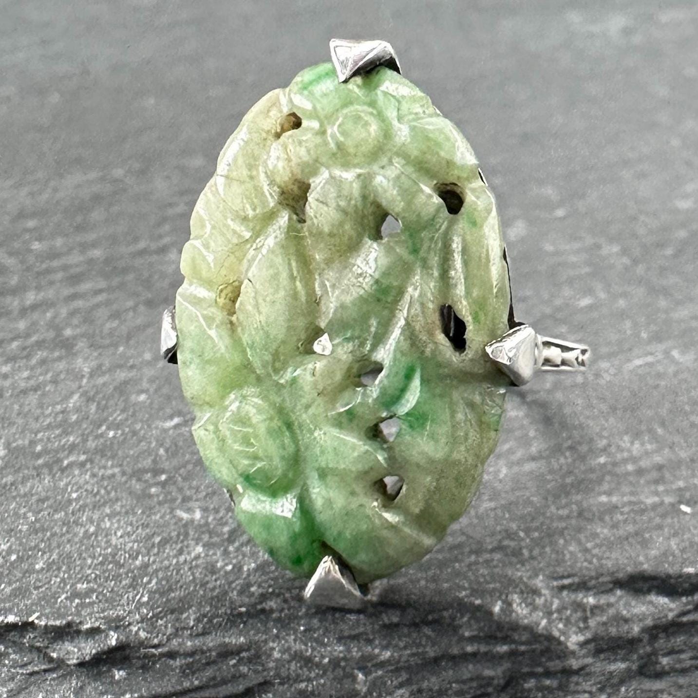 Carved Green Jadeite Jade, Floral Ring Sterling Silver