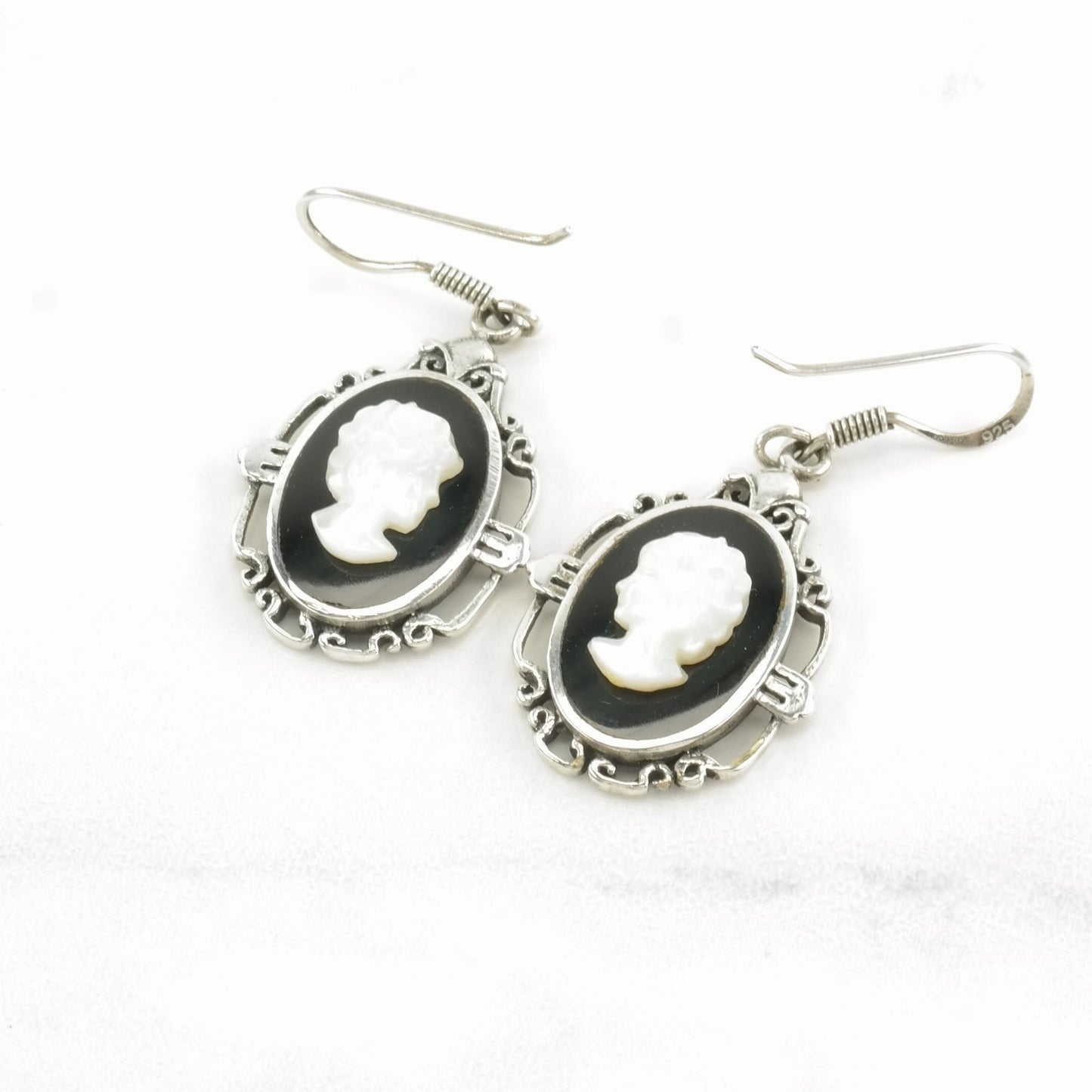 Sterling Silver Black, White MOP, Onyx Portrait Earrings Fish hook