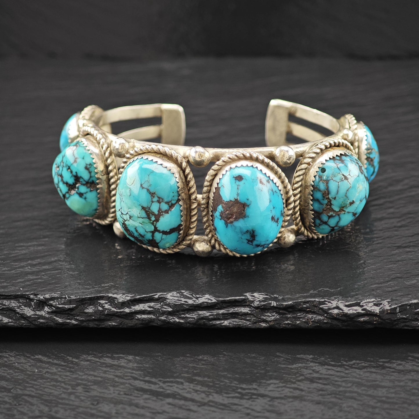 Vintage SW Six Spiderweb Turquoise Row Cuff Bracelet Sterling Silver Sz 6 1/2"