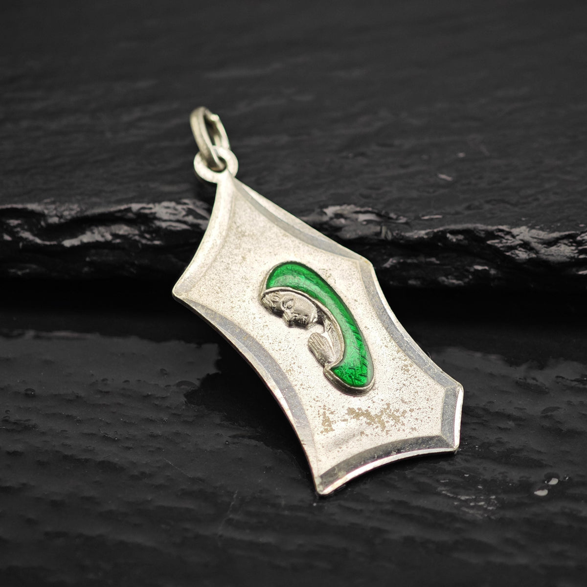 Italian Virgin Mary Green Enamel 800Silver Pendant P3121