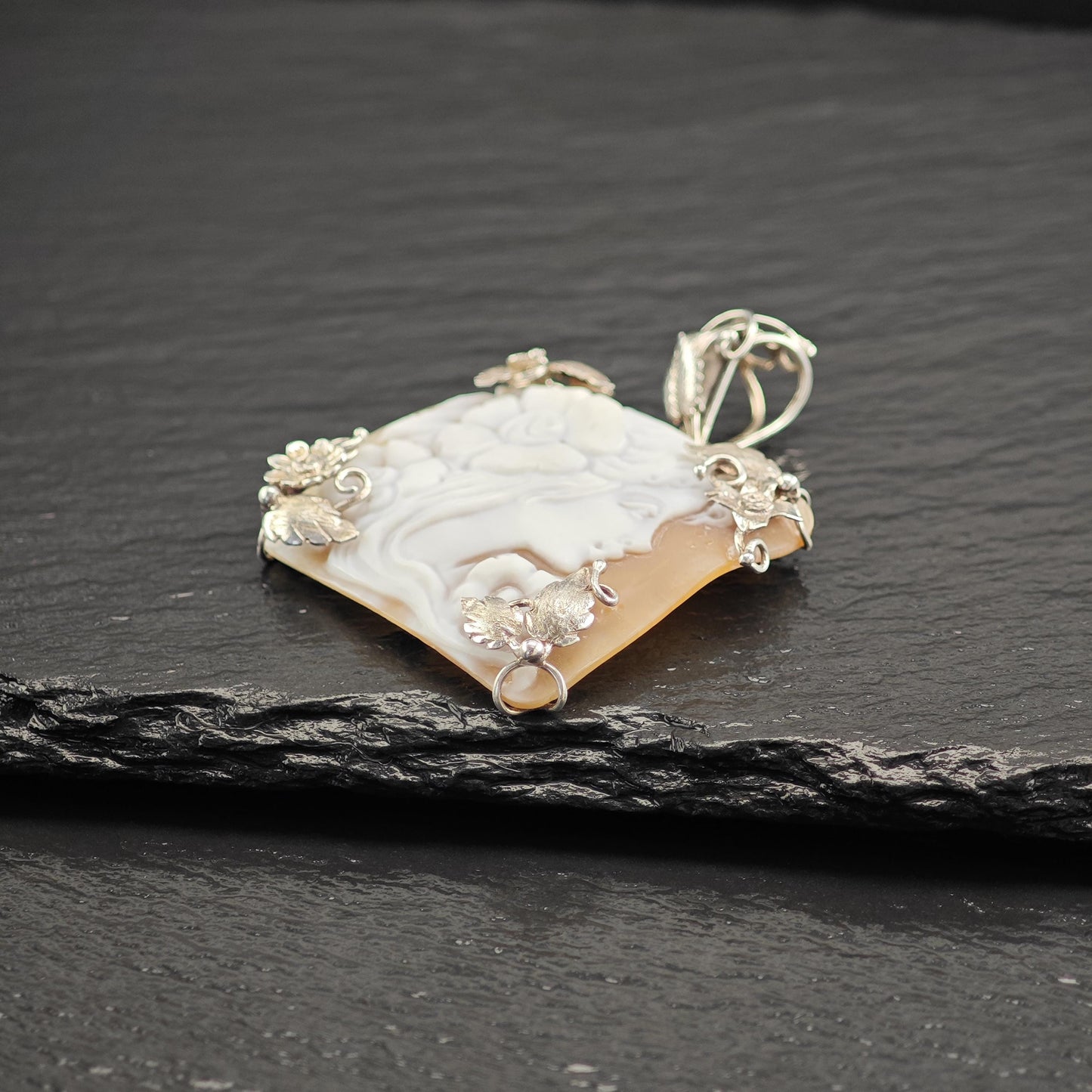 Vintage Italy Made Cameo Floral Pendant Sterling Silver