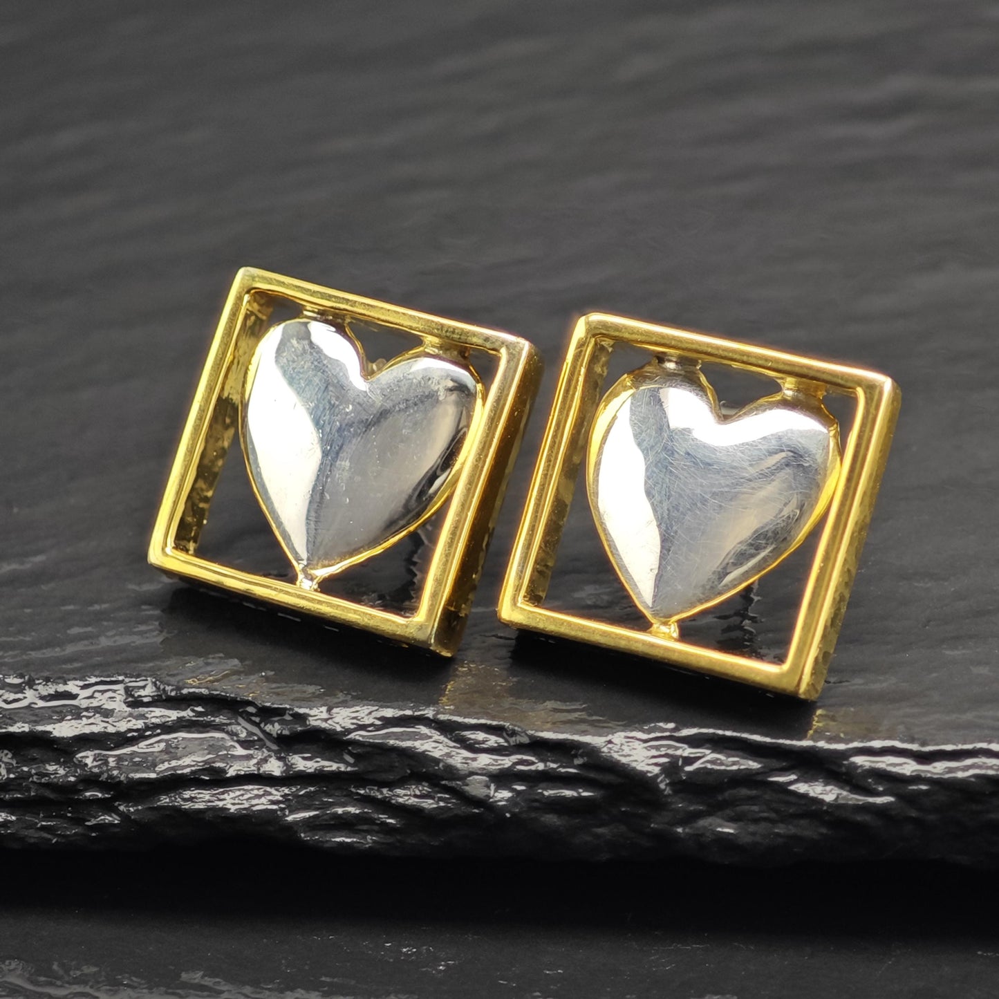 Sergio Bustamante Heart, Gold Tone Frame Stud Sterling Silver Earrings ER3123