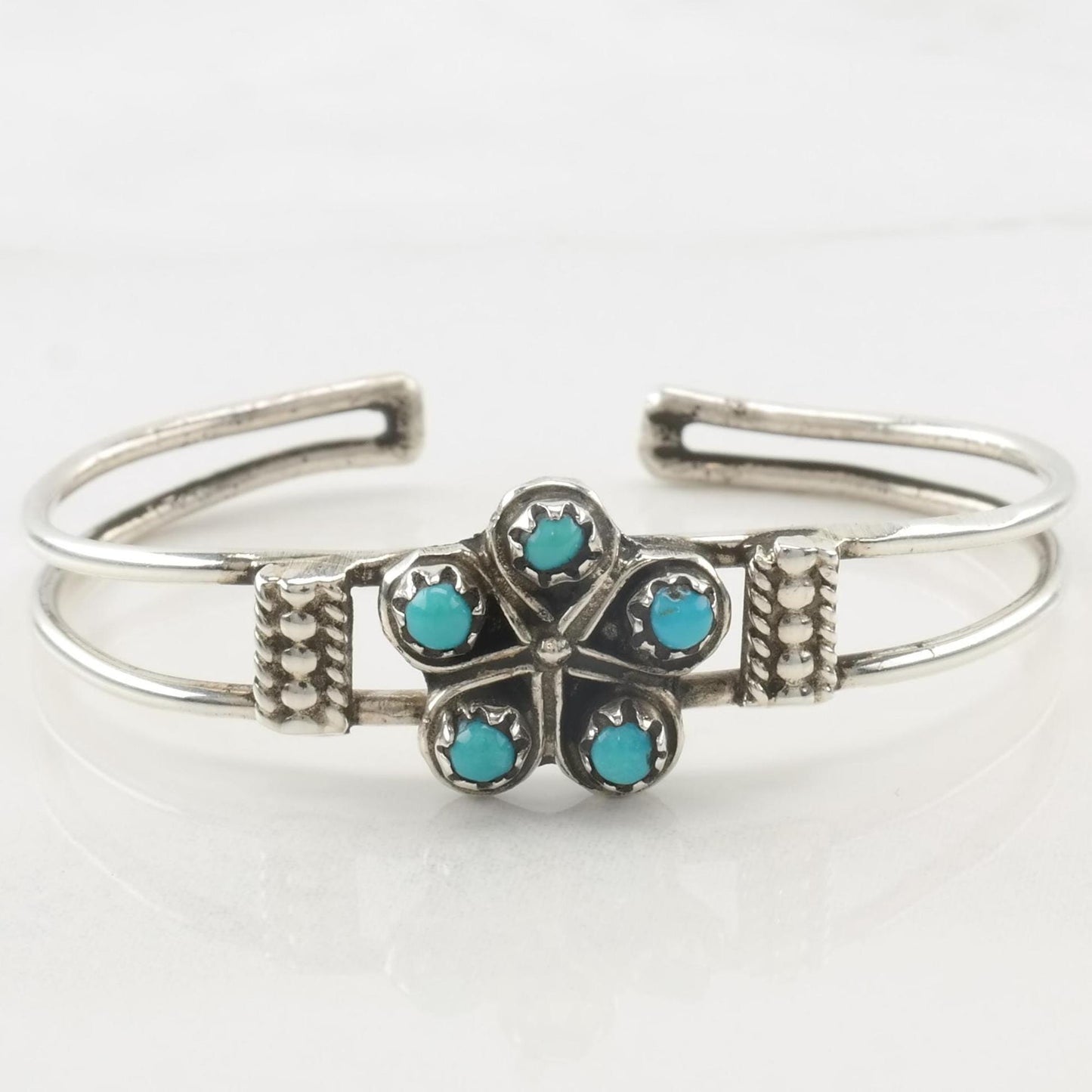 Child Size Zuni Native American Cuff Bracelet Sterling Silver Turquoise Cluster