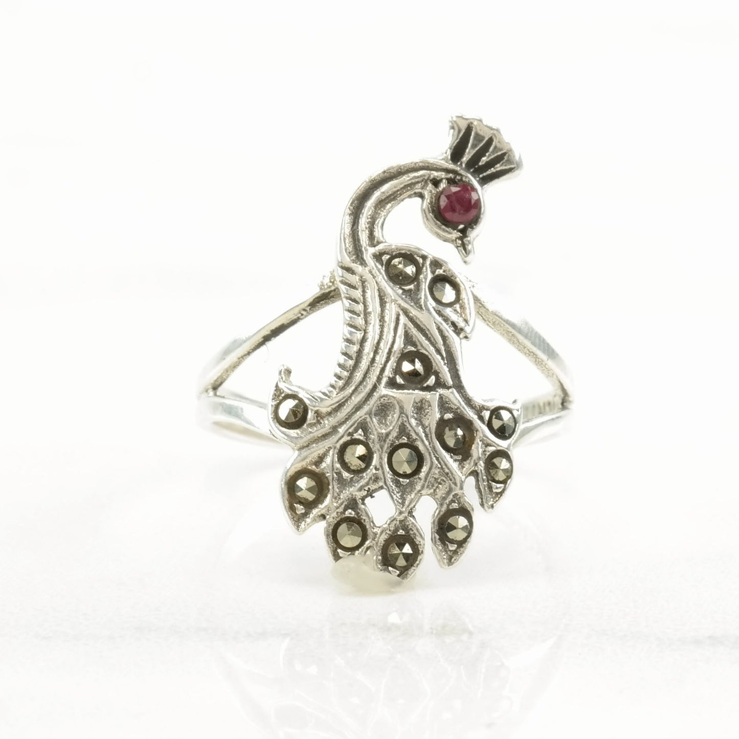 Art Deco Silver Ring Ruby, Marcasite Peacock Sterling Size 6