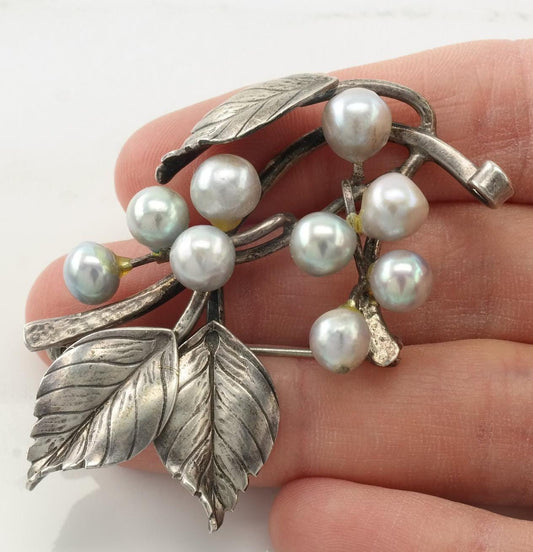 Ming's Pearl Floral Brooch Sterling Silver Leaf