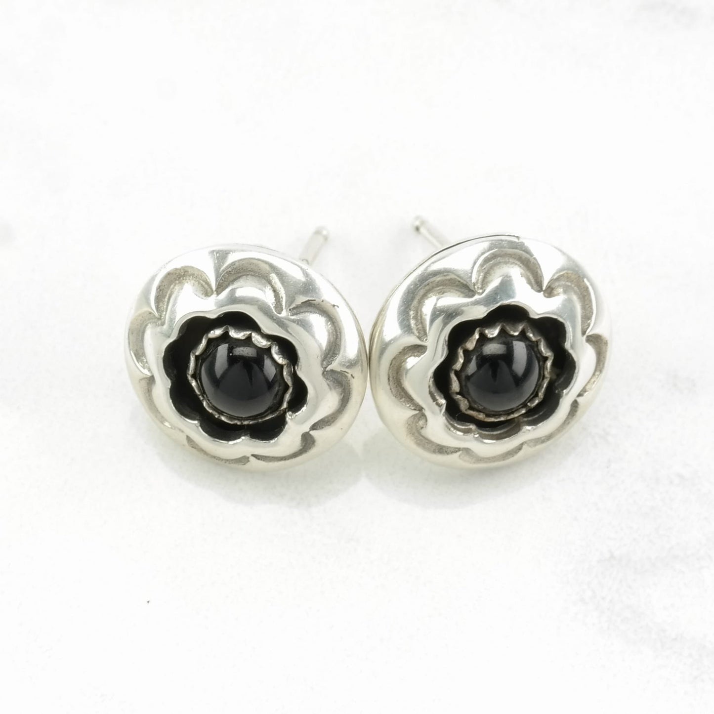 Southwest Sterling Silver Black Onyx Floral Earrings Stud