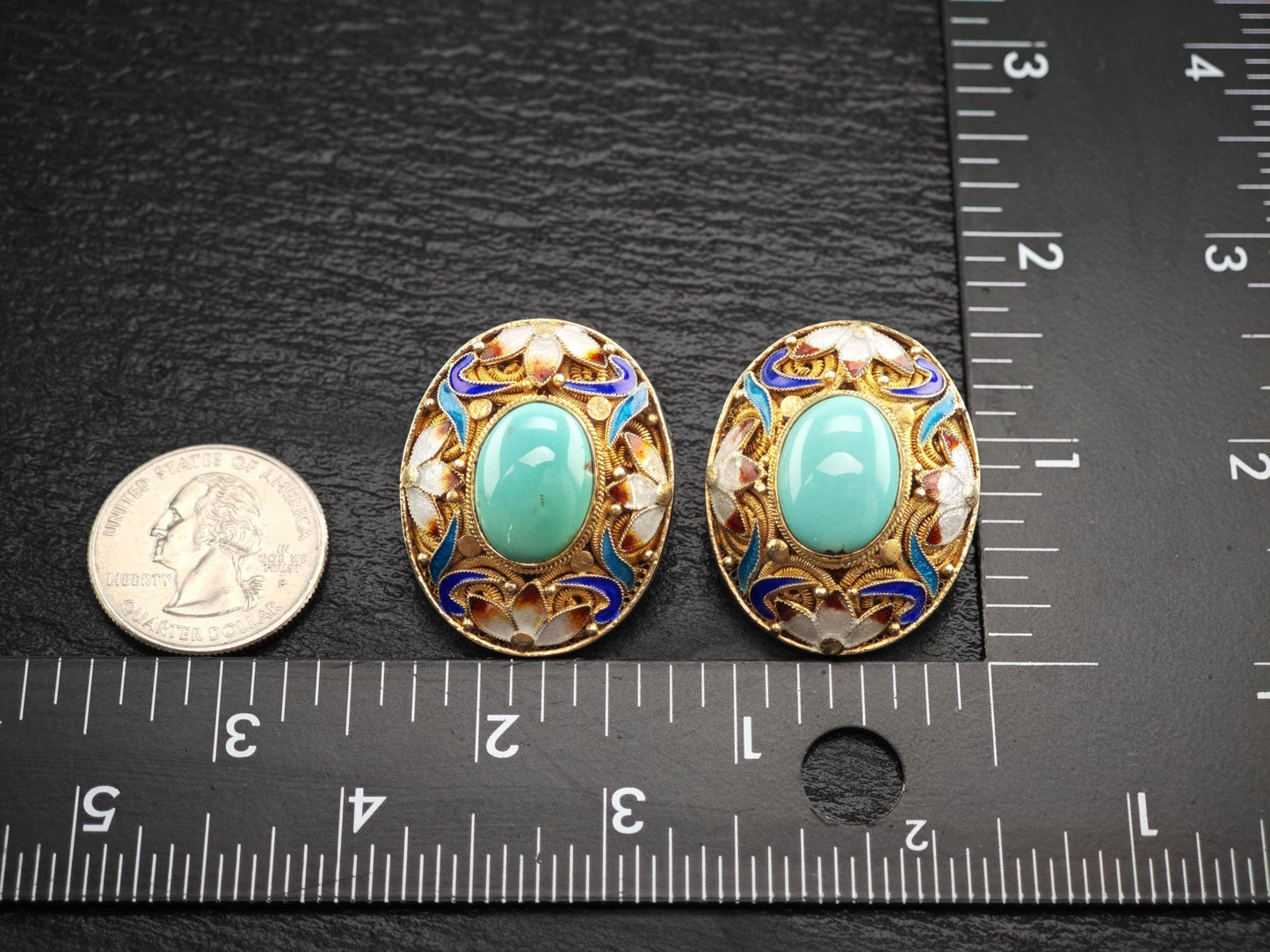 Chinese Export Turquoise, Vermeil Enamel Sterling Silver Stud Earrings
