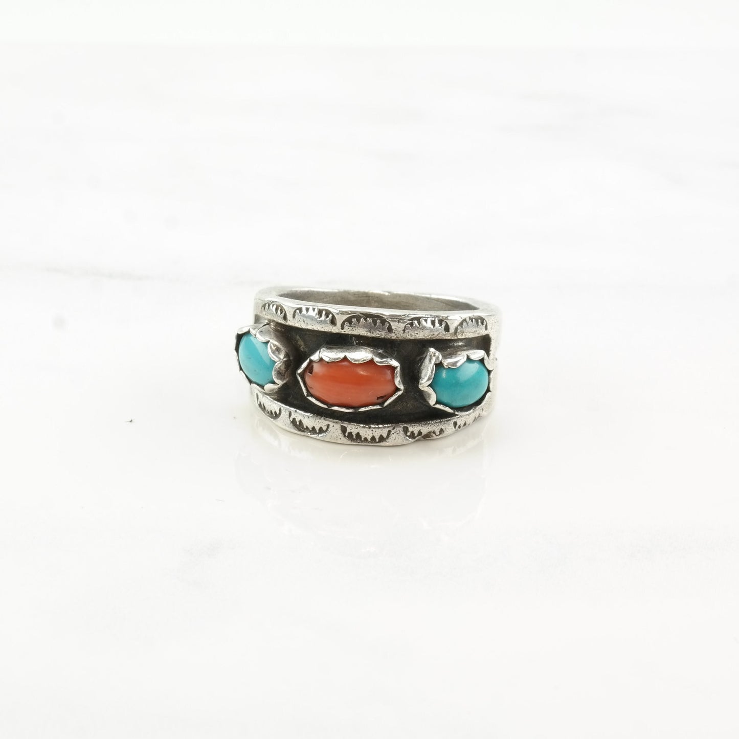 Native American Silver Ring Turquoise Coral Shadowbox Band Sterling Size 8 3/4