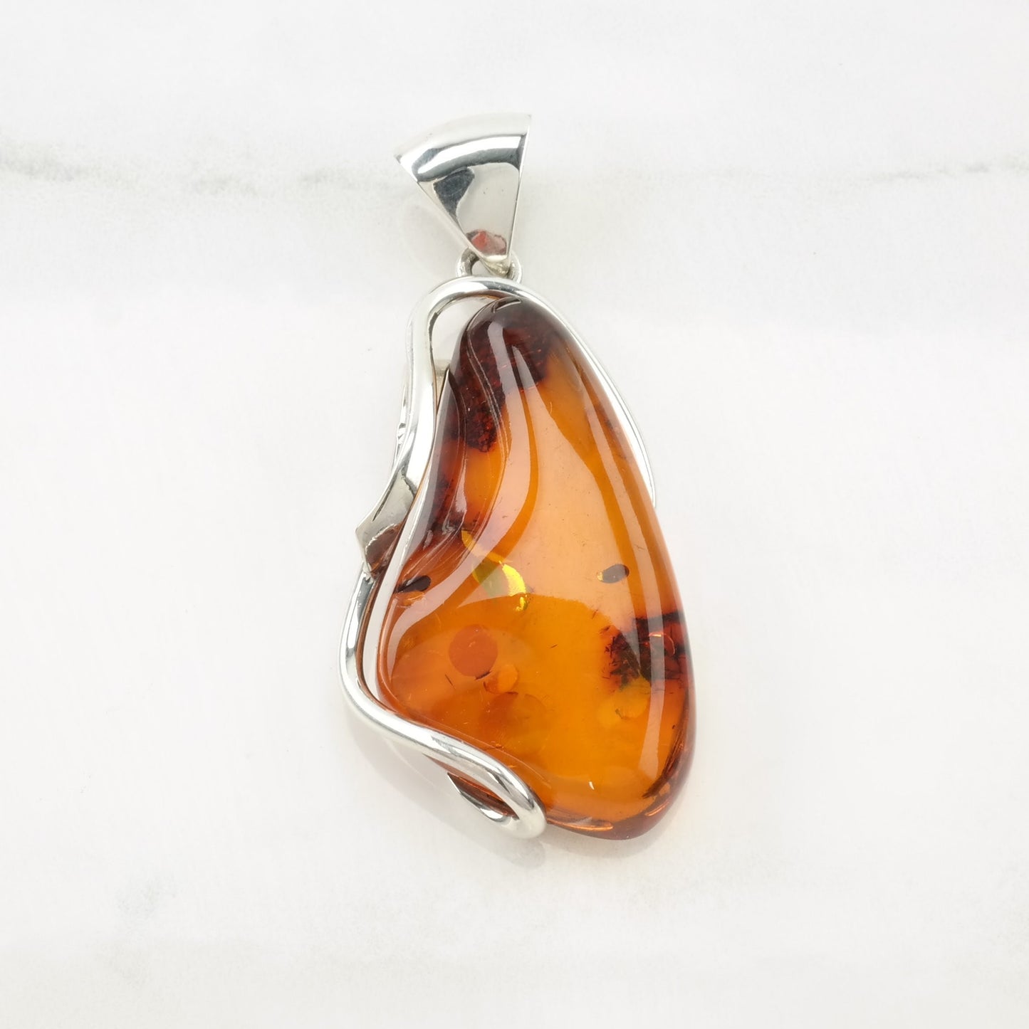 Vintage European Amber Modernist Sterling Silver Pendant