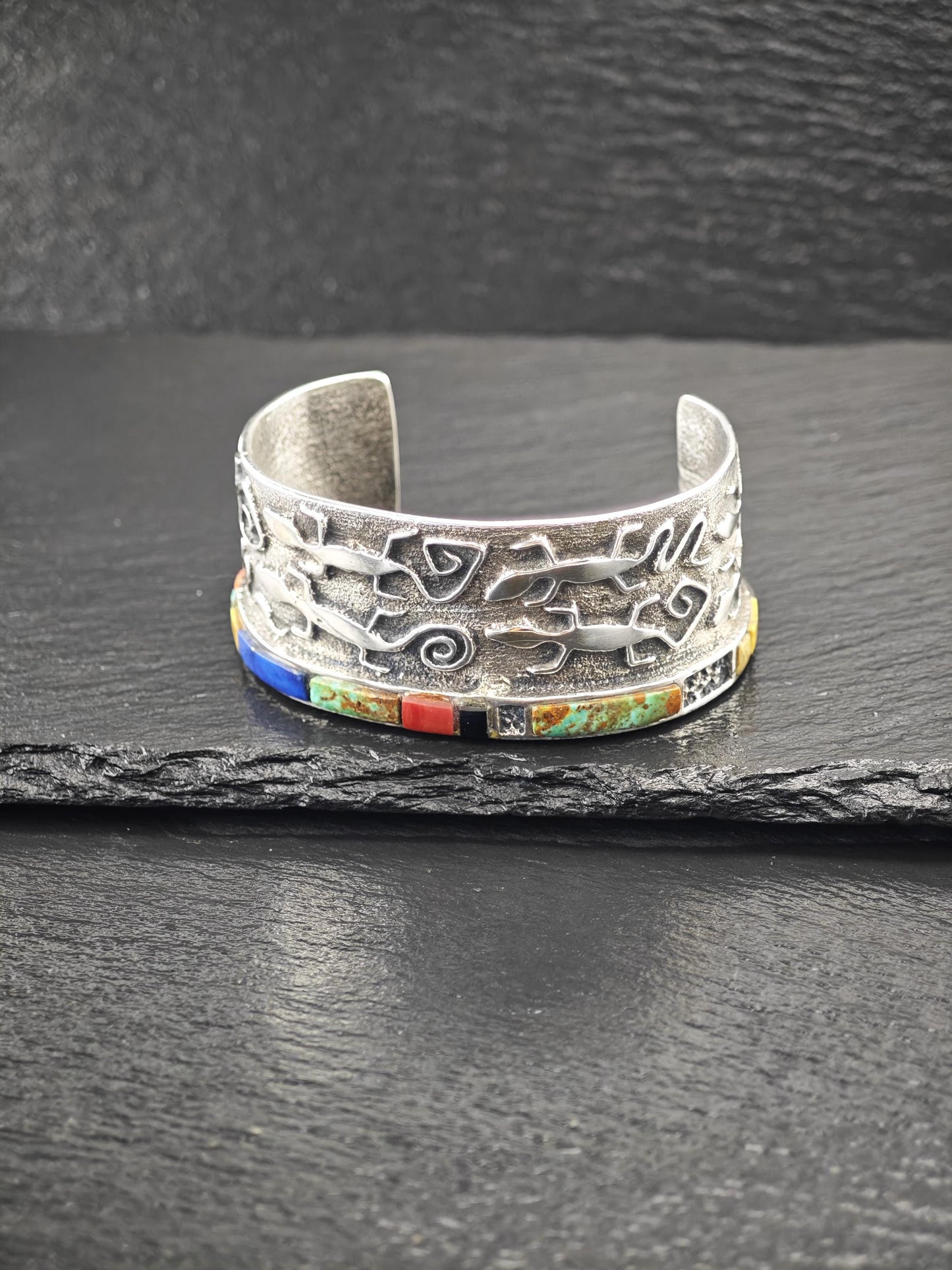 Hopi, Steve LaRance, Native American Tufa Cast Inlay, Lizard Cuff Bracelet Sterling Silver