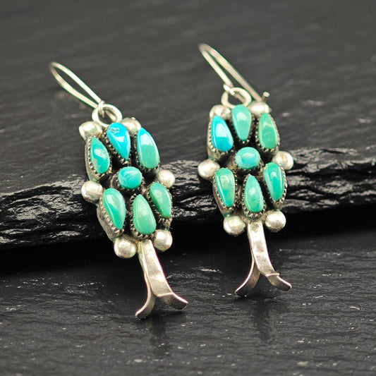 Zuni, Raynold Lonsee Floral Turquoise Kidney Wire Earrings Sterling Silver