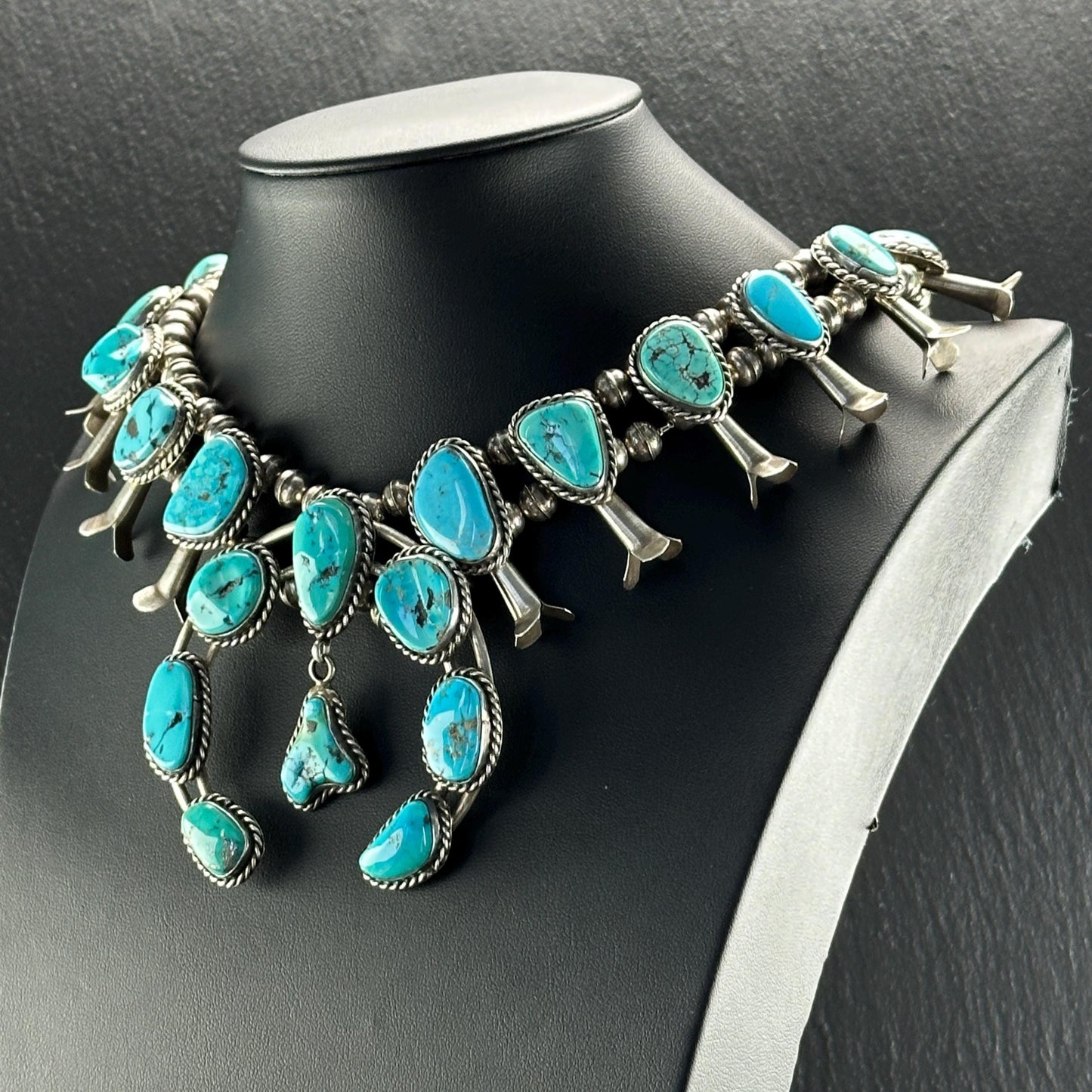 Native American Sleeping Beauty Turquoise Squash Blossom Necklace in Sterling Silver