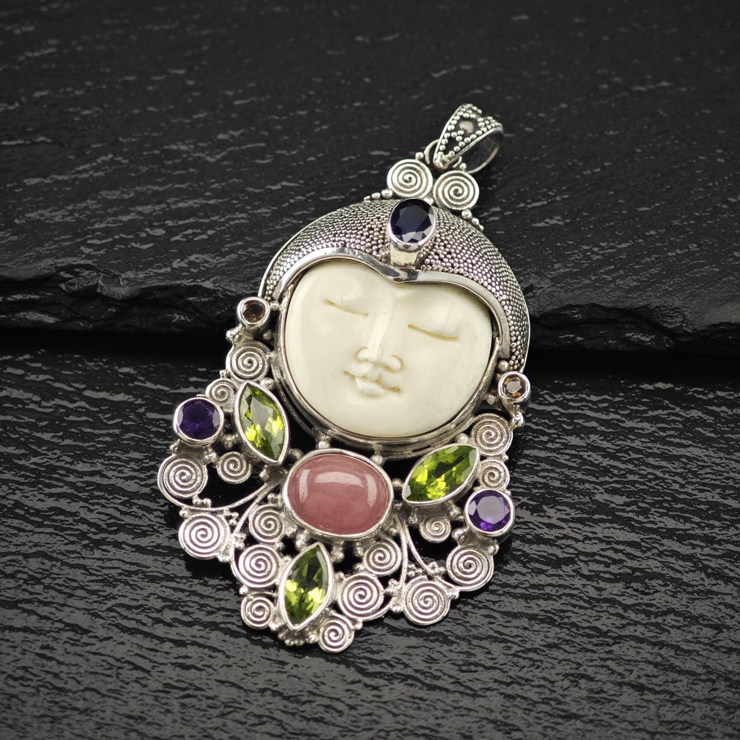 Carved Goddess Face Gemstones Pendant Sterling Silver P2806