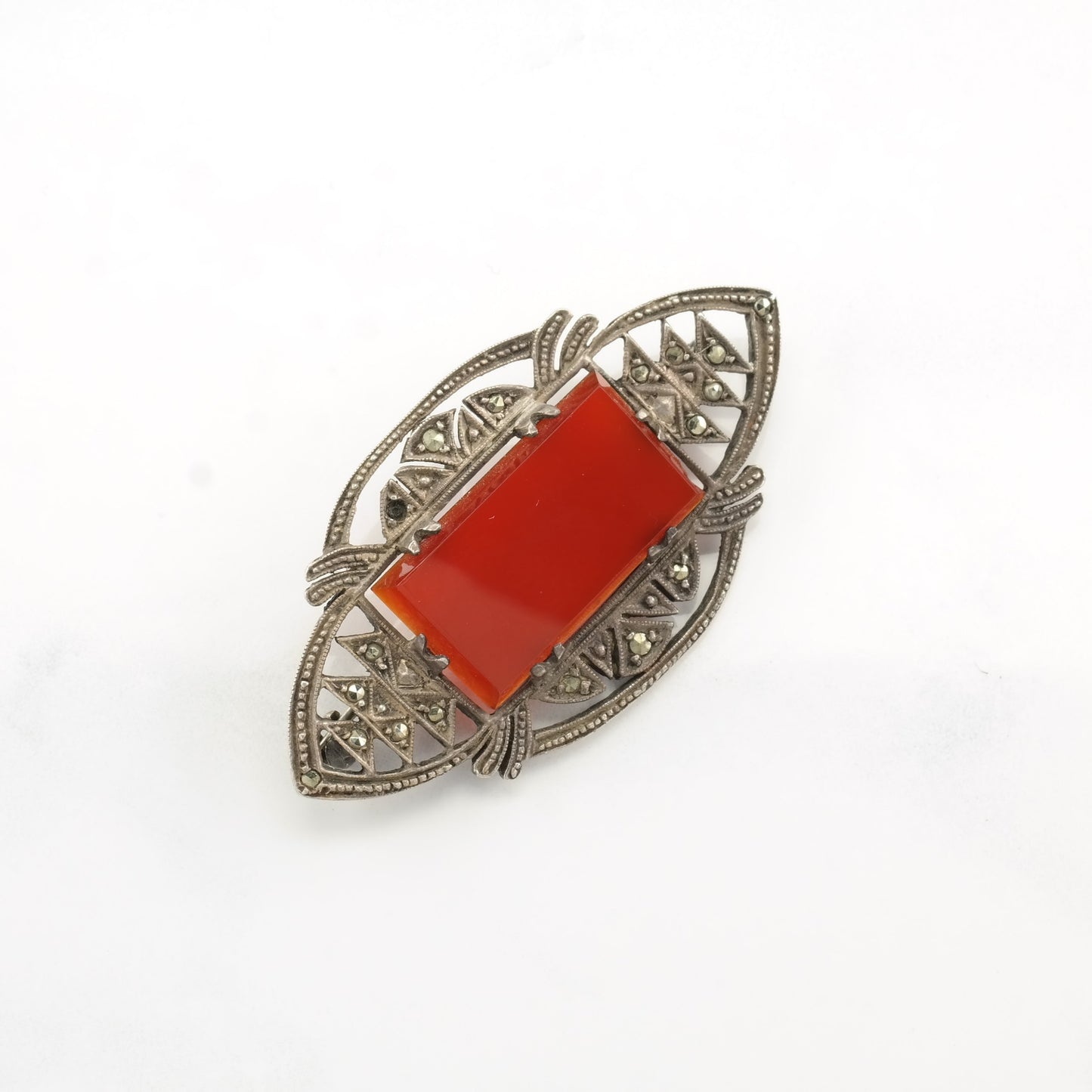 Art Deco Sterling Silver Brooch Carnelian Marcasite