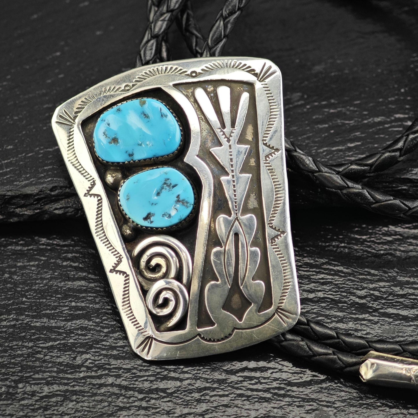 Vintage Native American Sterling Silver Sleeping Beauty Turquoise Shadow Box Bolo Tie Necklace N2747