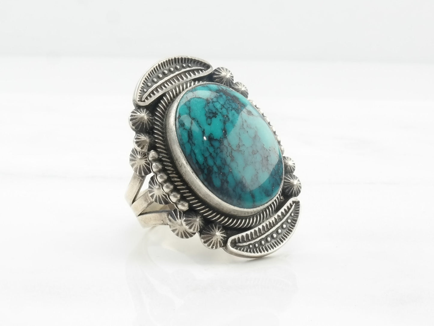 Navajo Silver Ring Turquoise Spiderweb Sterling Blue Size 8 3/4