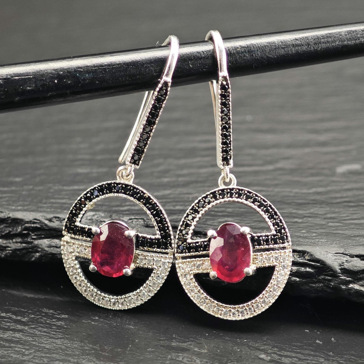 Glass Filled Ruby Spinel Dangle Hook Sterling Silver Earrings ER3109