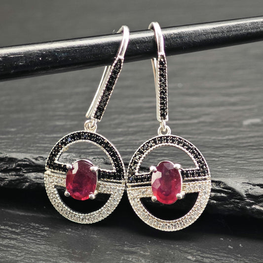 Glass Filled Ruby Spinel Dangle Hook Sterling Silver Earrings ER3109