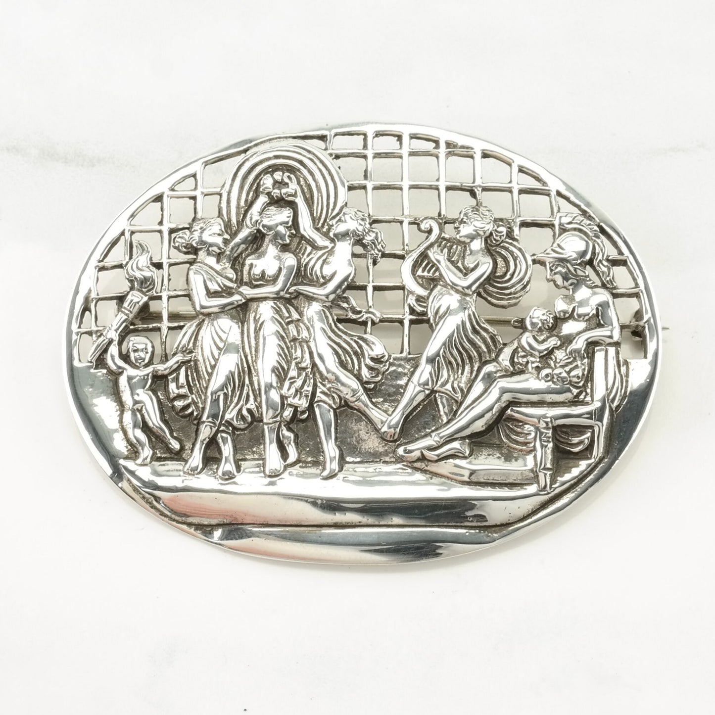 Vintage Baroque, European Sterling Silver Brooch Ancient Greece Aphrodite Goddess Dancing