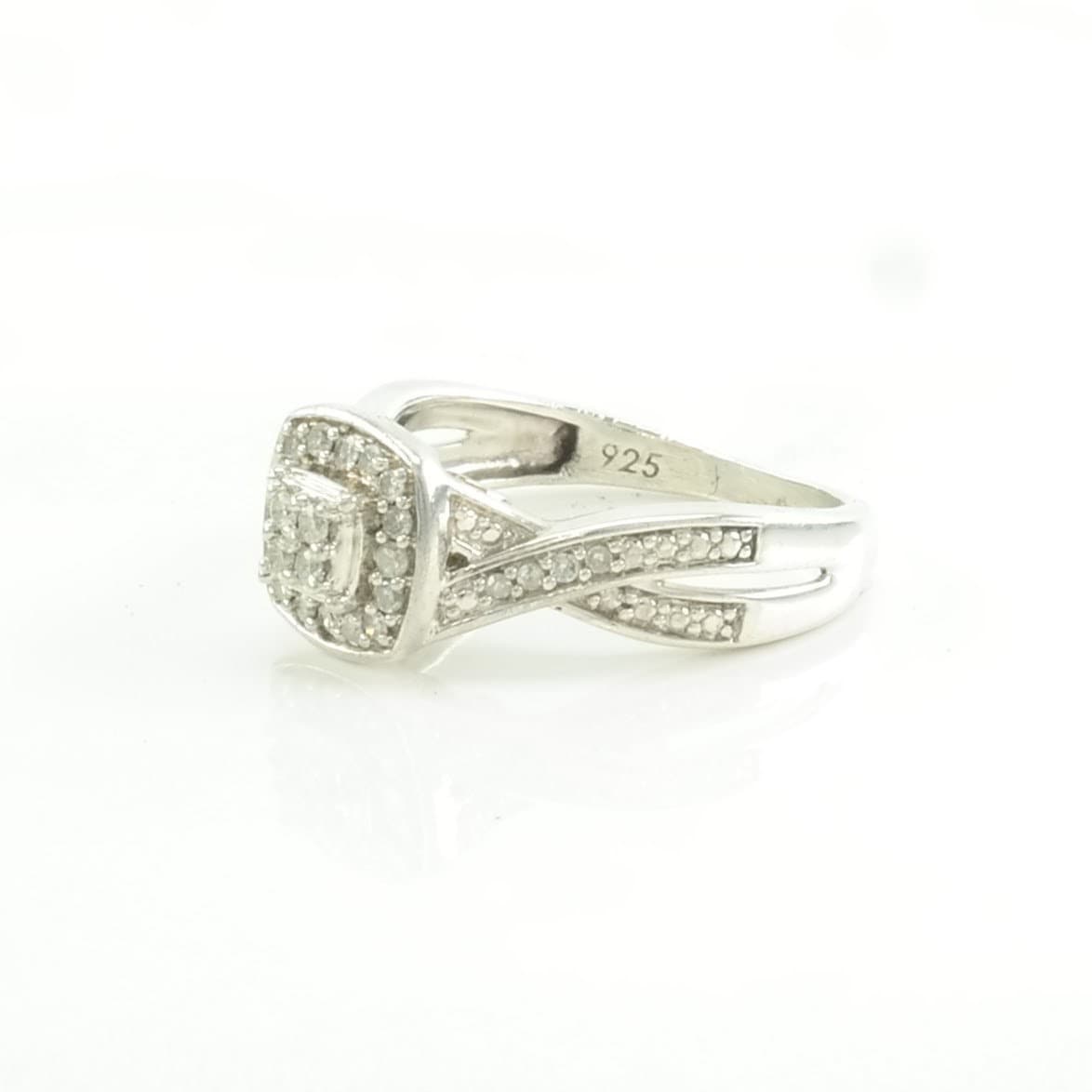 Sterling Silver Ring Diamond Square, Halo Size 5