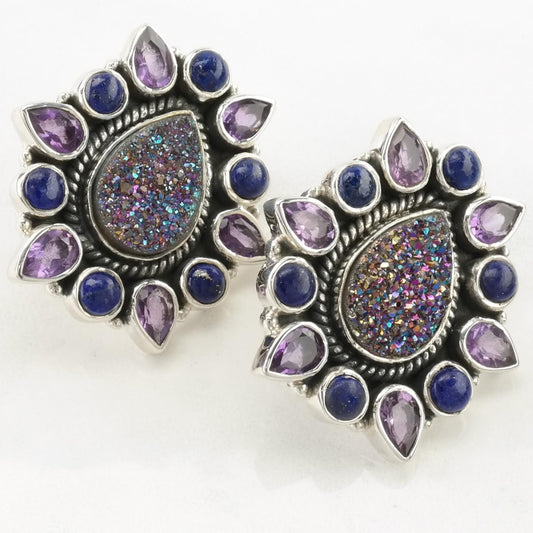 Vintage Sterling Silver Stud Earrings Purple, Blue Druzy, Amethyst, Lapis Lazuli Cluster