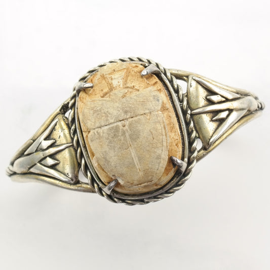Archeological Revival Sterling Silver Wood Scarab Cuff Bracelet