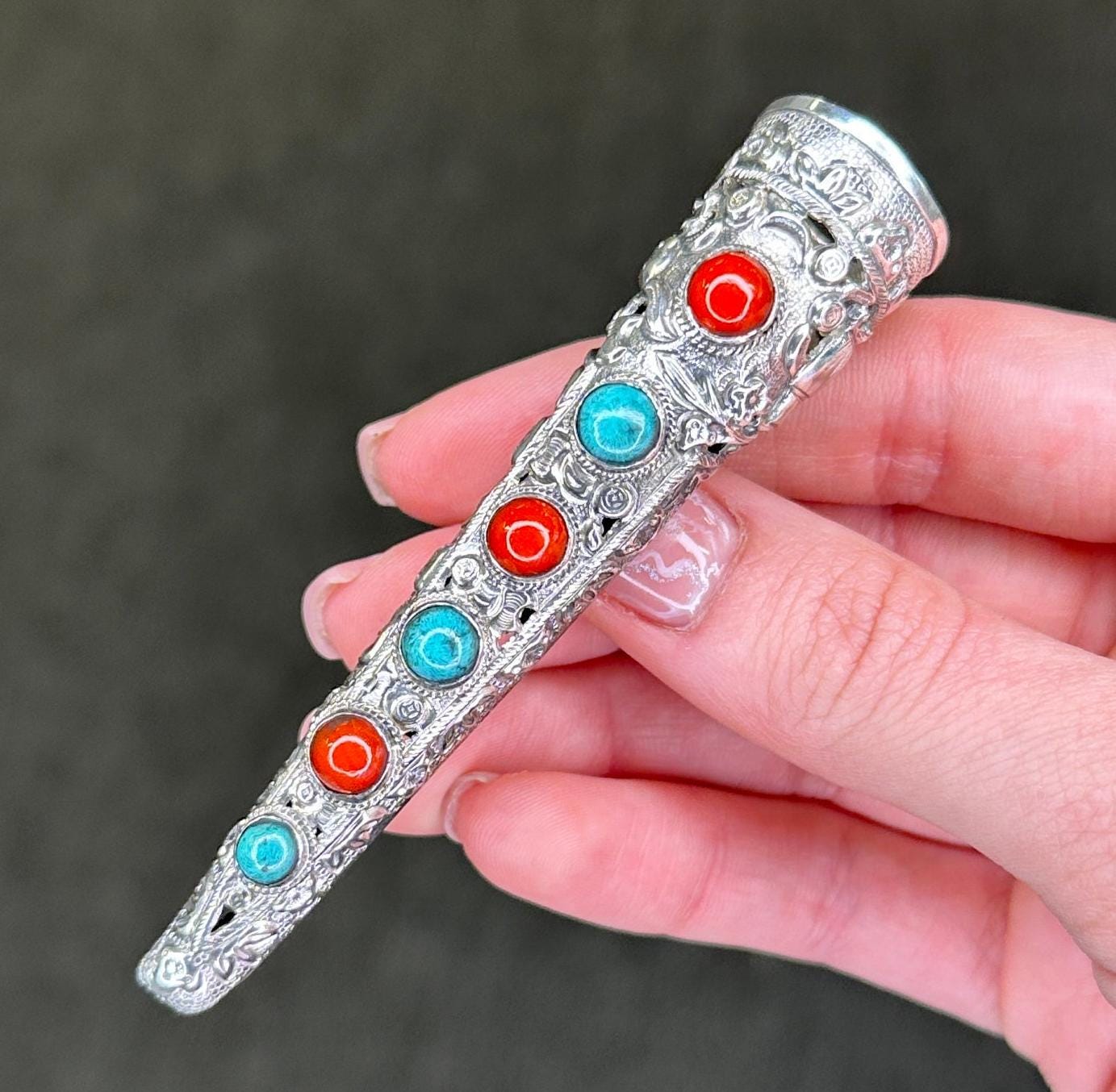 Chinese Sterling Silver Filigree Fingernail Brooch with Turquoise and Coral