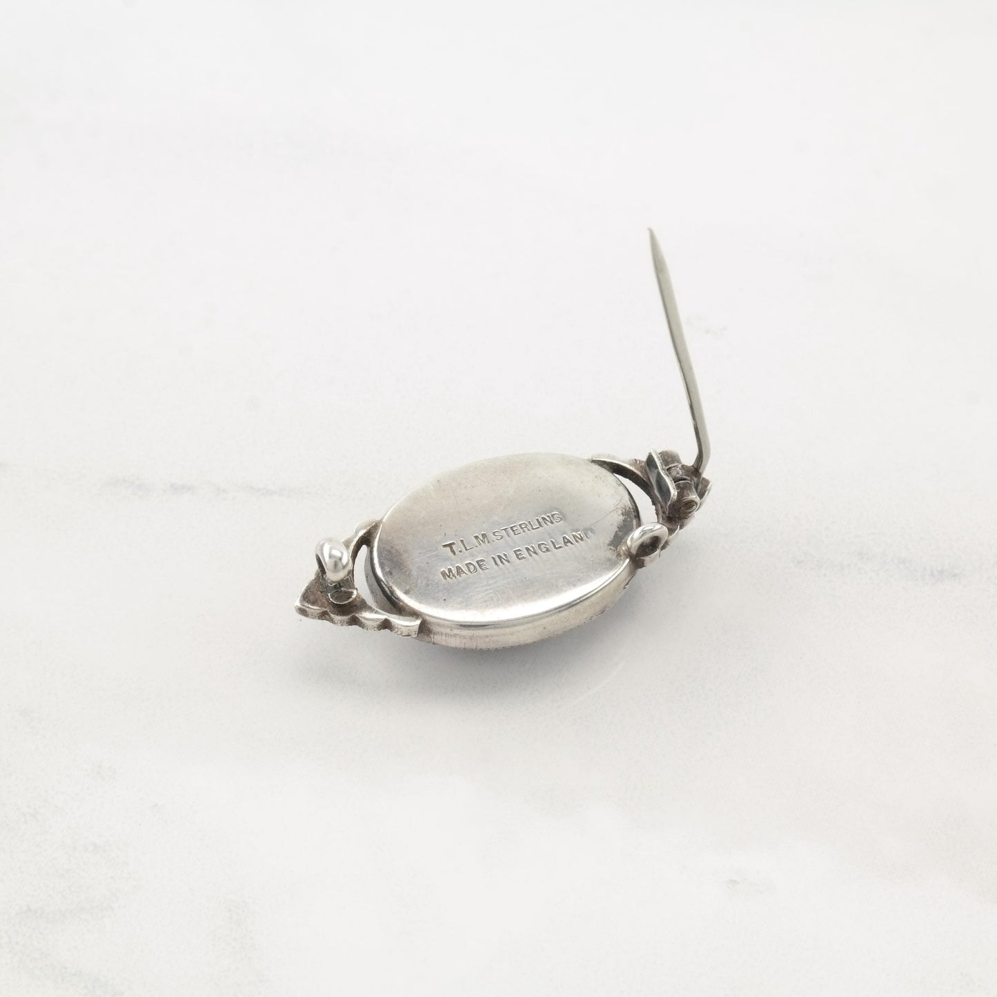 Art Deco Foiled Art Glass, Marcasite Sterling Silver Brooch Pendant B2005
