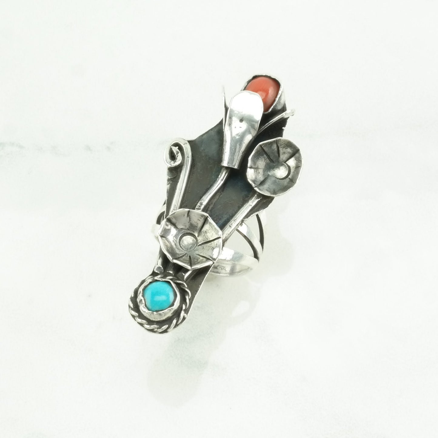 Southwest Silver Ring Turquoise, Coral Floral, Long, Navette Sterling Blue, Red Size 4