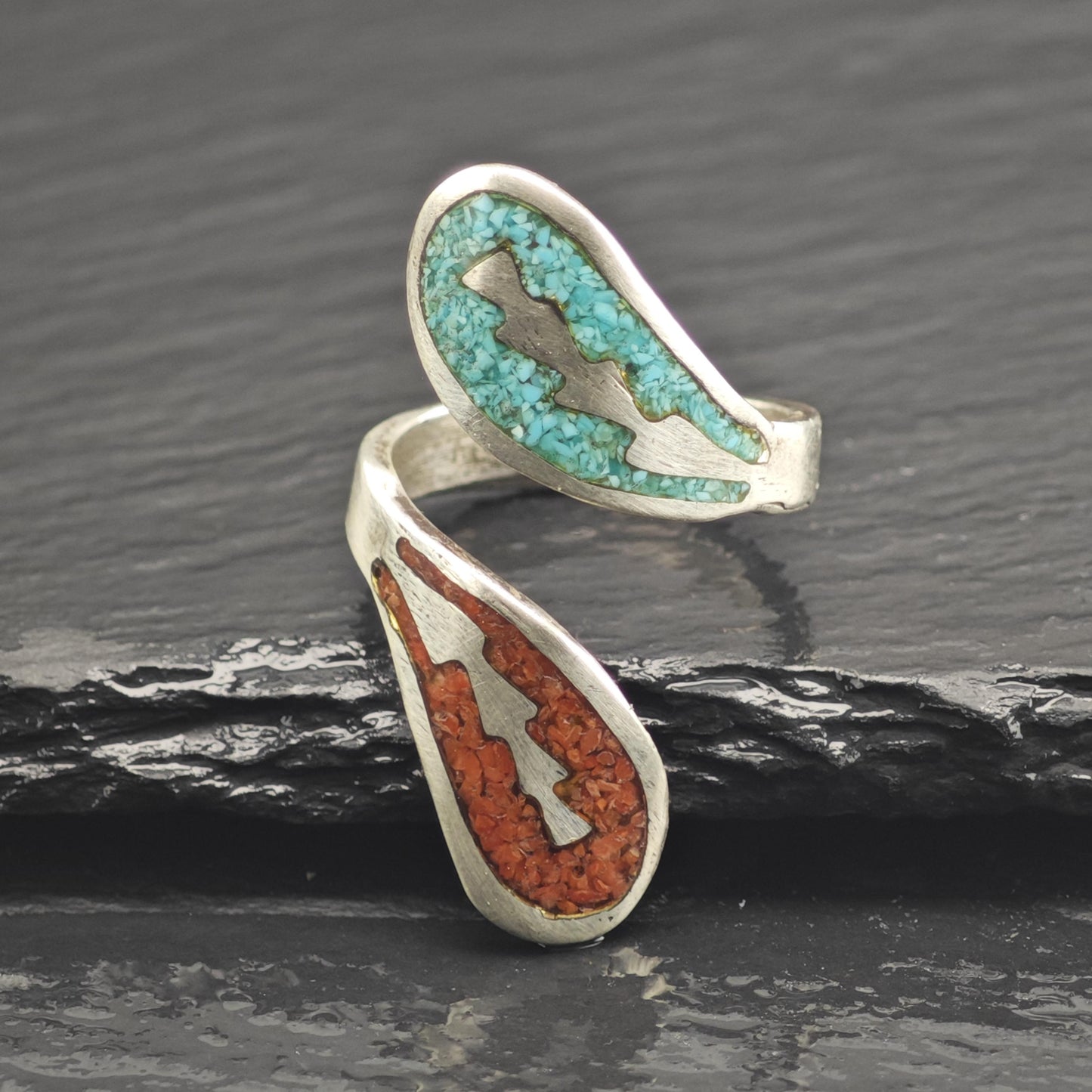 Native American Turquoise & Coral Inlay Bypass Sterling Silver Ring Sz 8 1/2 R6658