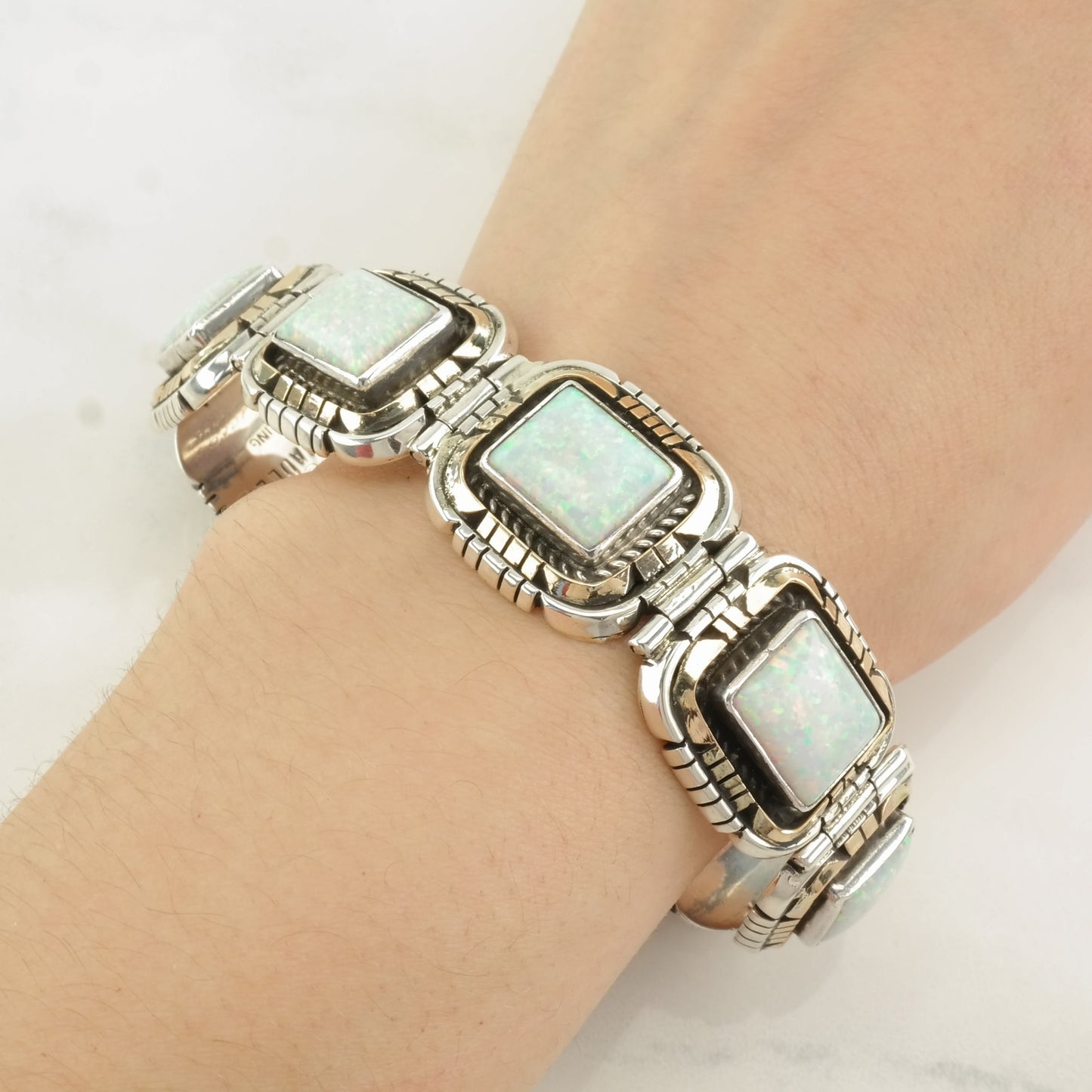 Navajo Sterling Silver Link Bracelet Lab Opal Two Tone