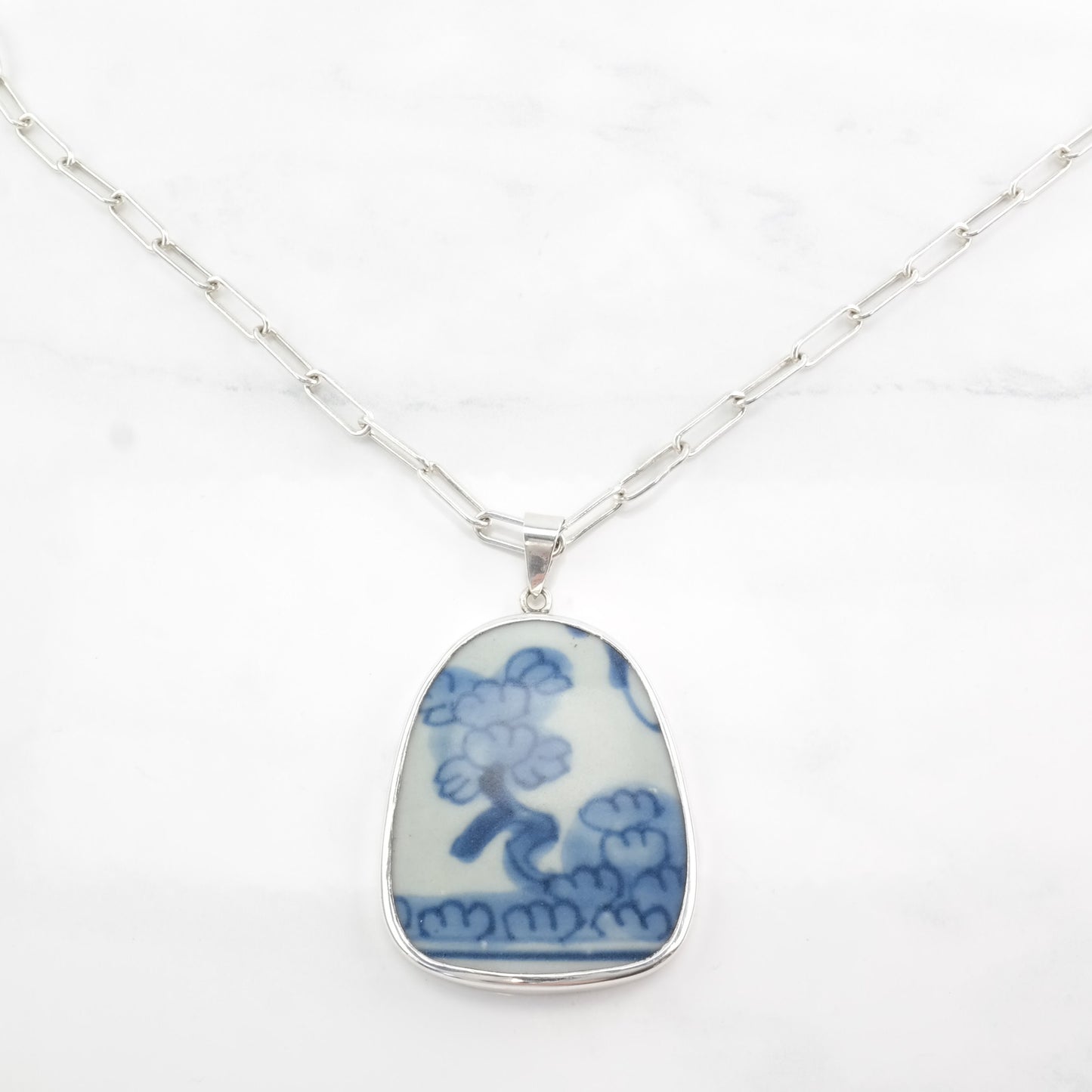 Chinese Sterling Silver Blue, White Painted Porcelain Trees Necklace