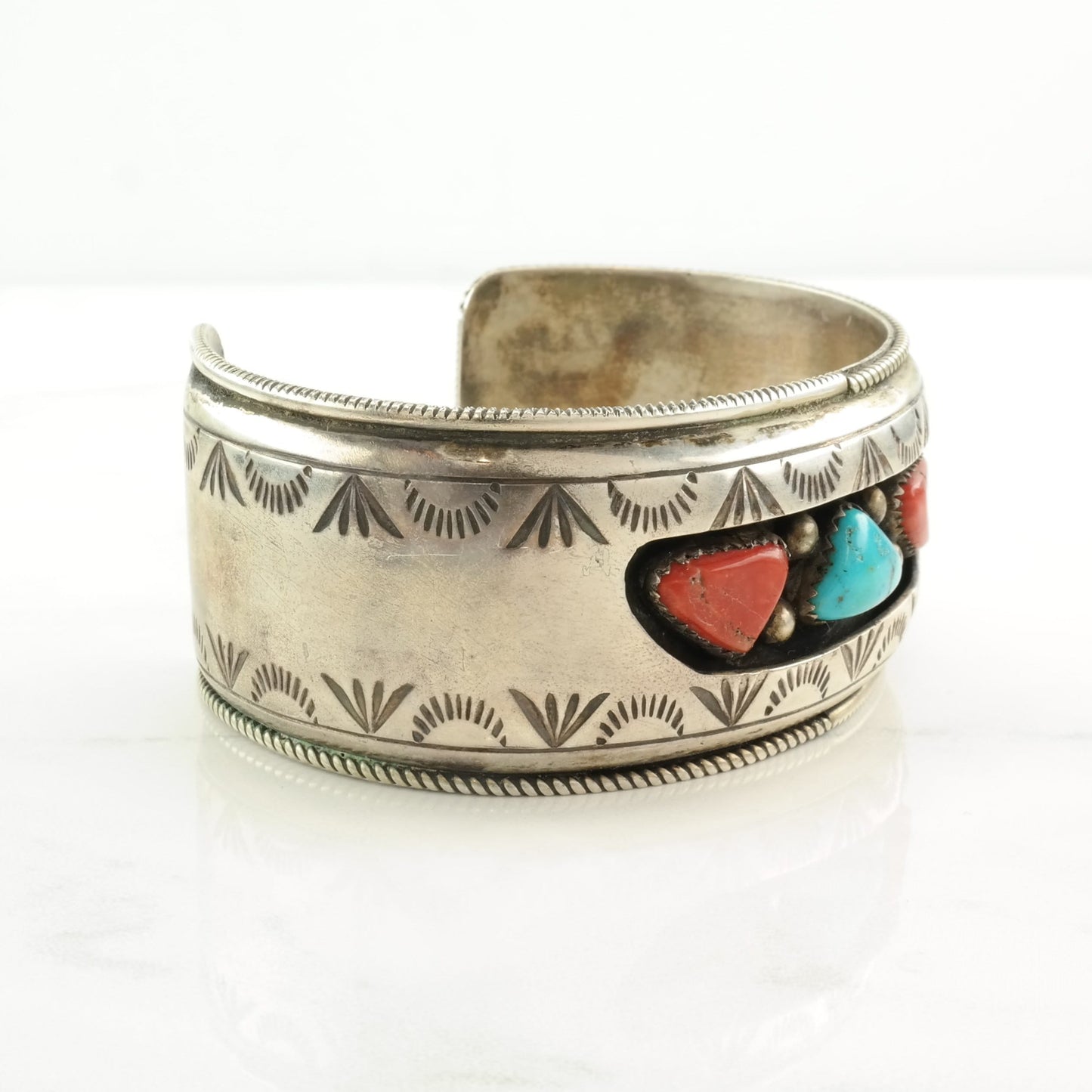 Native American Sterling Silver Cuff Bracelet Blue, Red Turquoise, Coral Stamped, Shadowbox