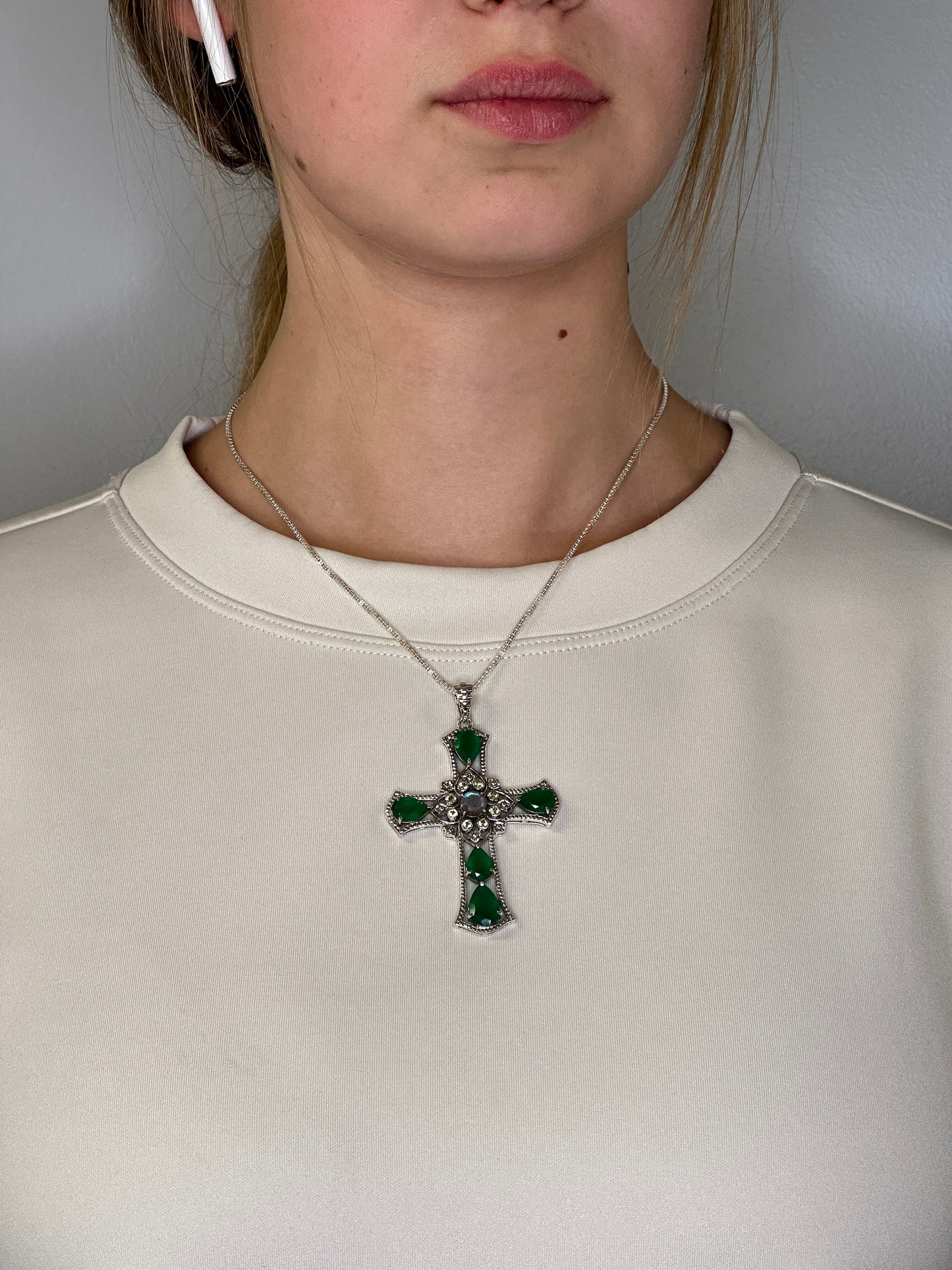 Vintage Nicky Buttler Sterling Silver Chrysoprase Peridot Labradorite Large Cross Necklace