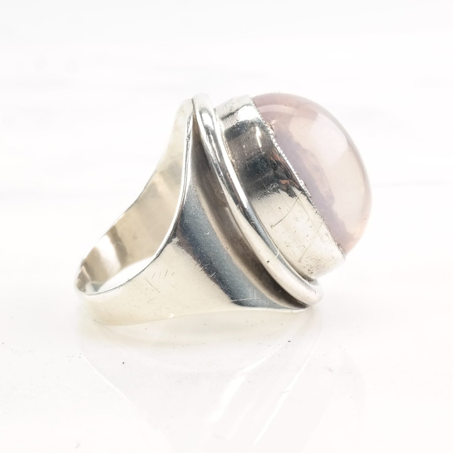 Vintage European Modernist Silver Ring Rose Quartz Size 6 3/4