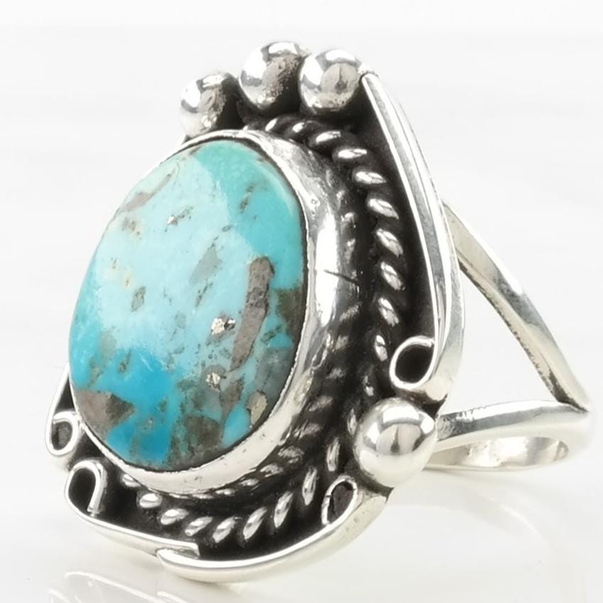 Vintage Southwest Silver Ring Turquoise Rope Details Sterling Blue Size 7