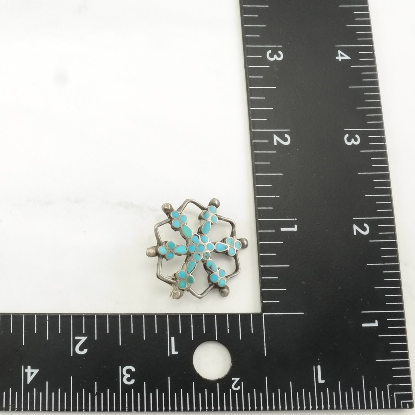 Vintage Zuni, Native American Sterling Silver Brooch Inlay, Snowflake Blue Turquoise