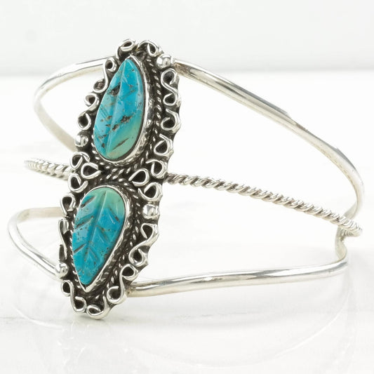 Native American Sterling Silver Cuff Bracelet Carved Turquoise