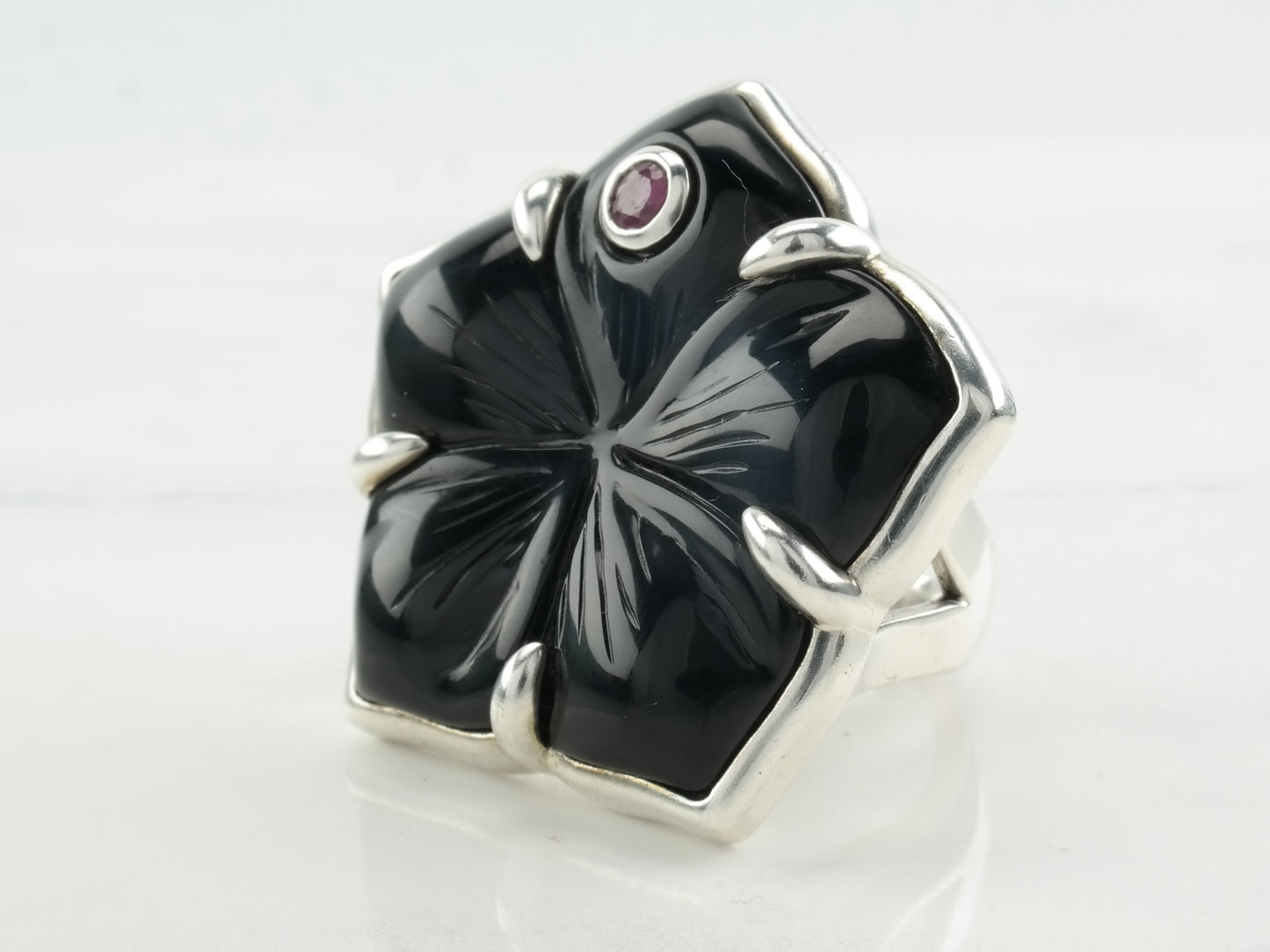 Vintage Tracey Mayer Flower Ring, Black Onyx, Ruby, Sterling Silver Size 7