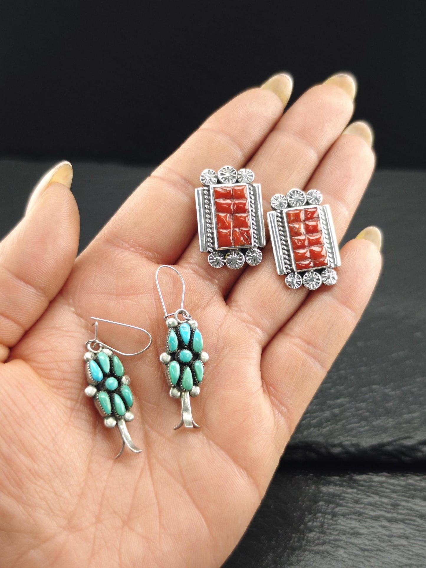 Southwest Red Coral Inlay Stud Earrings Sterling Silver