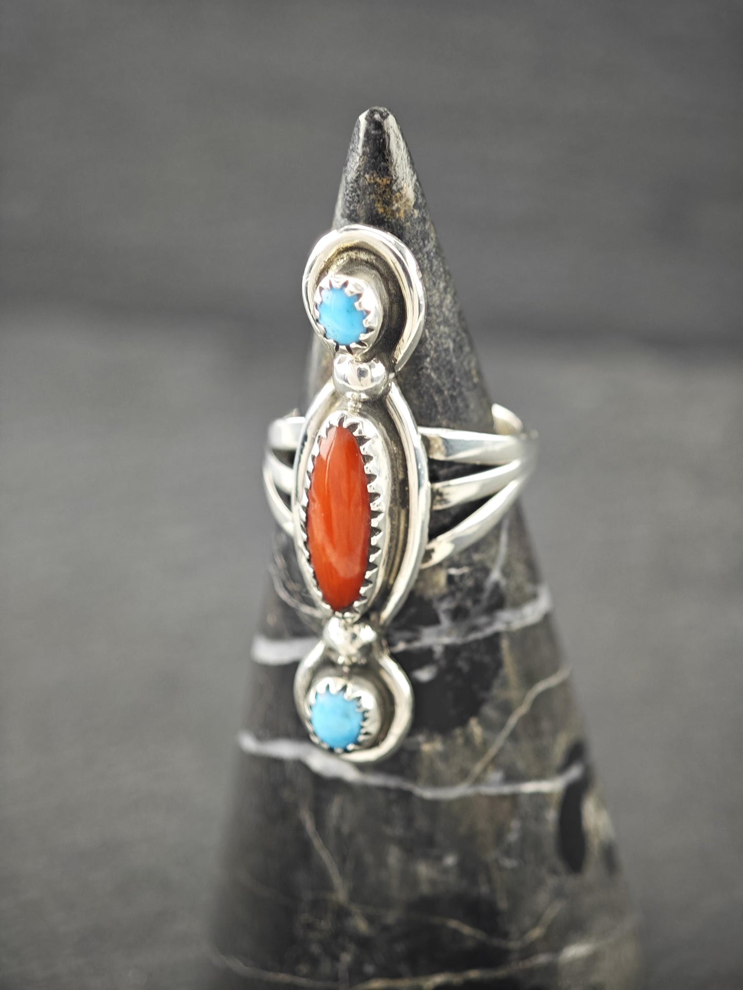 Native American, Coral, Turquoise Ring Sterling Silver