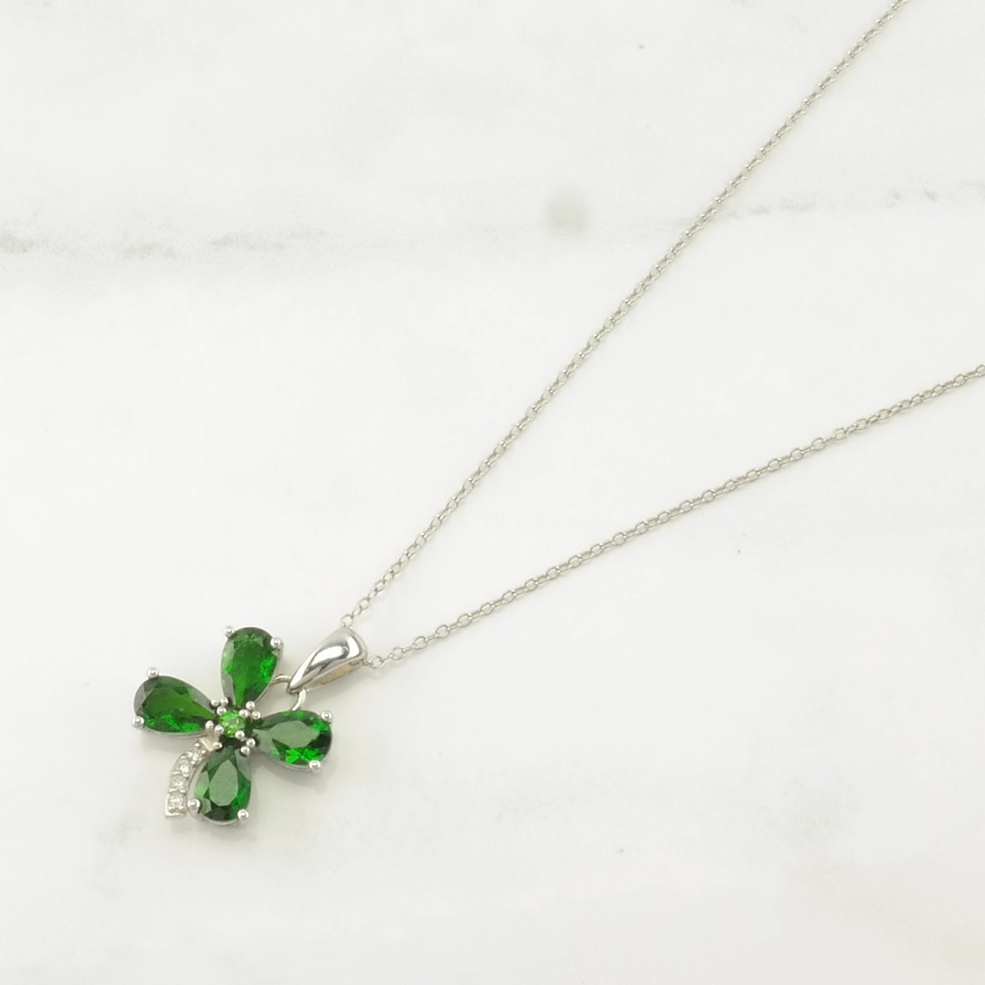 Four Leaf Clover Sterling Silver Green Chrome Diopside Necklace