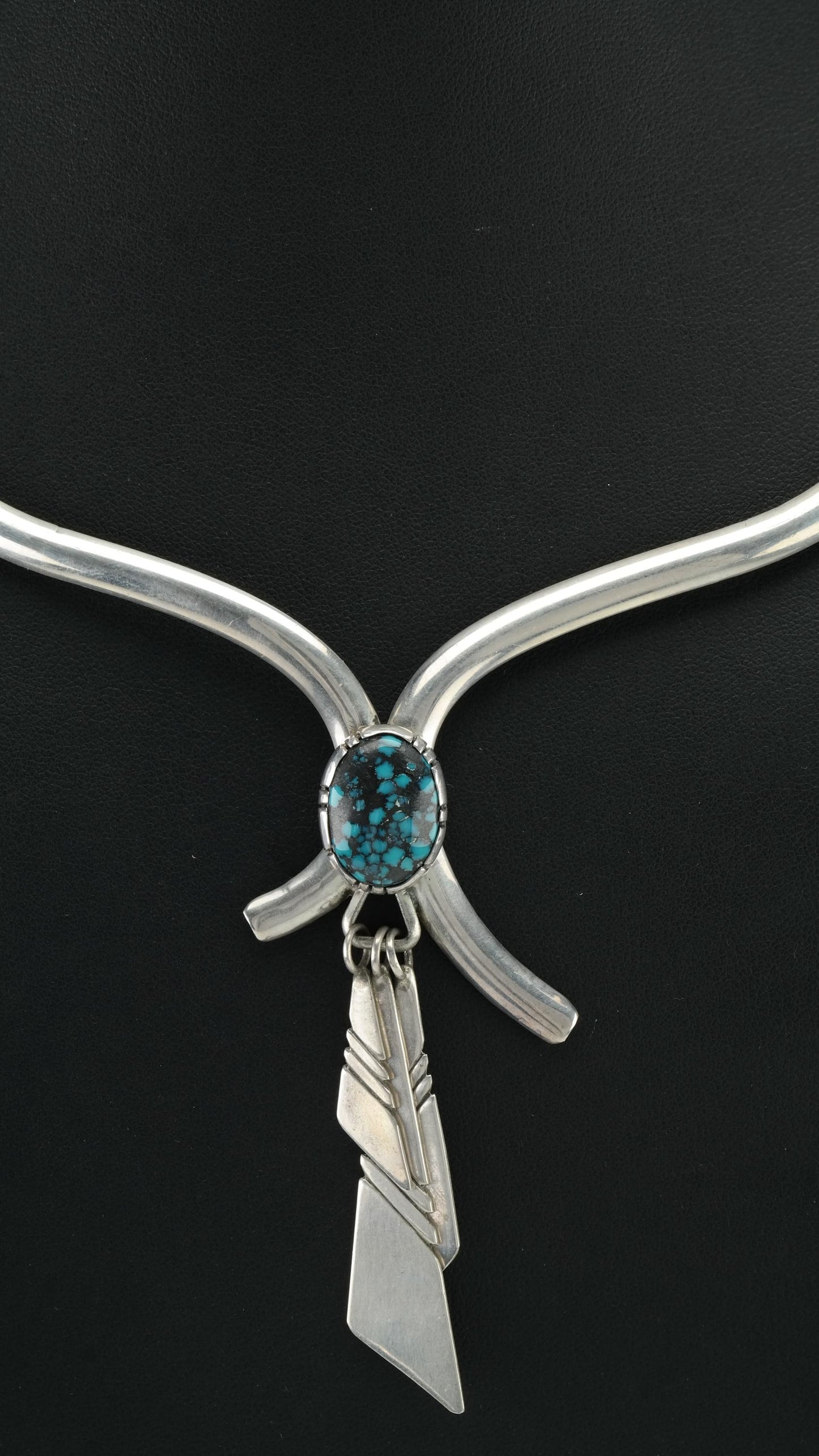 Native American Sterling Silver Turquoise Necklace, Spiderweb Turquoise, Choker, LM Nez, 1970s