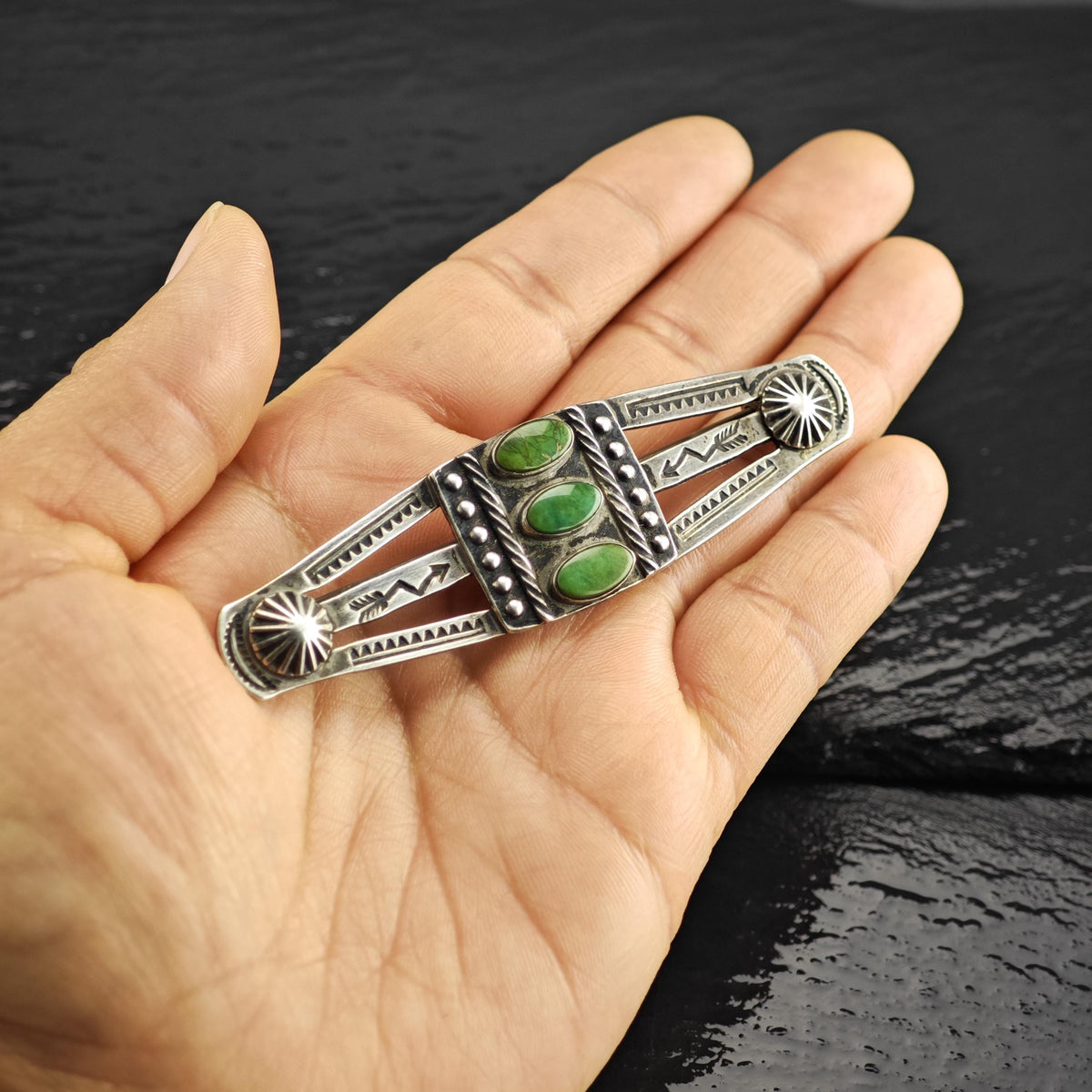 Fred Harvey Era Green Turquoise Stamped Sterling Silver Brooch B2271